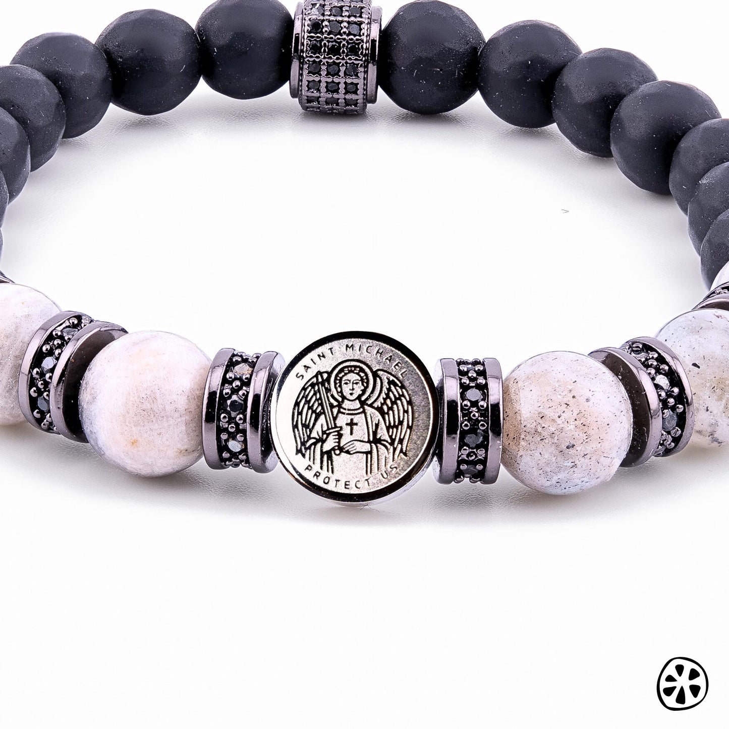 St Michael Medal and Sigil Bracelet, Guardian Angel Bracelet, Black Onyx Labradorite Moonstone, Catholic Gift for Men Women