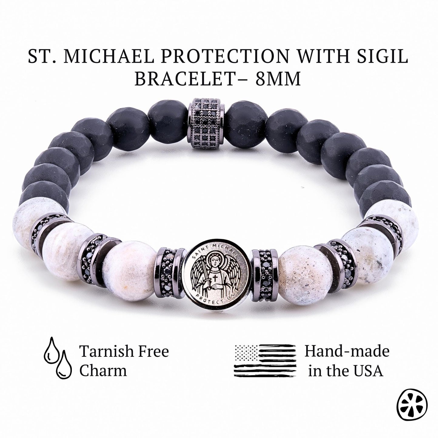 St Michael Medal and Sigil Bracelet, Guardian Angel Bracelet, Black Onyx Labradorite Moonstone, Catholic Gift for Men Women