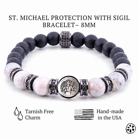 St Michael Medal and Sigil Bracelet, Guardian Angel Bracelet, Black Onyx Labradorite Moonstone, Catholic Gift for Men Women