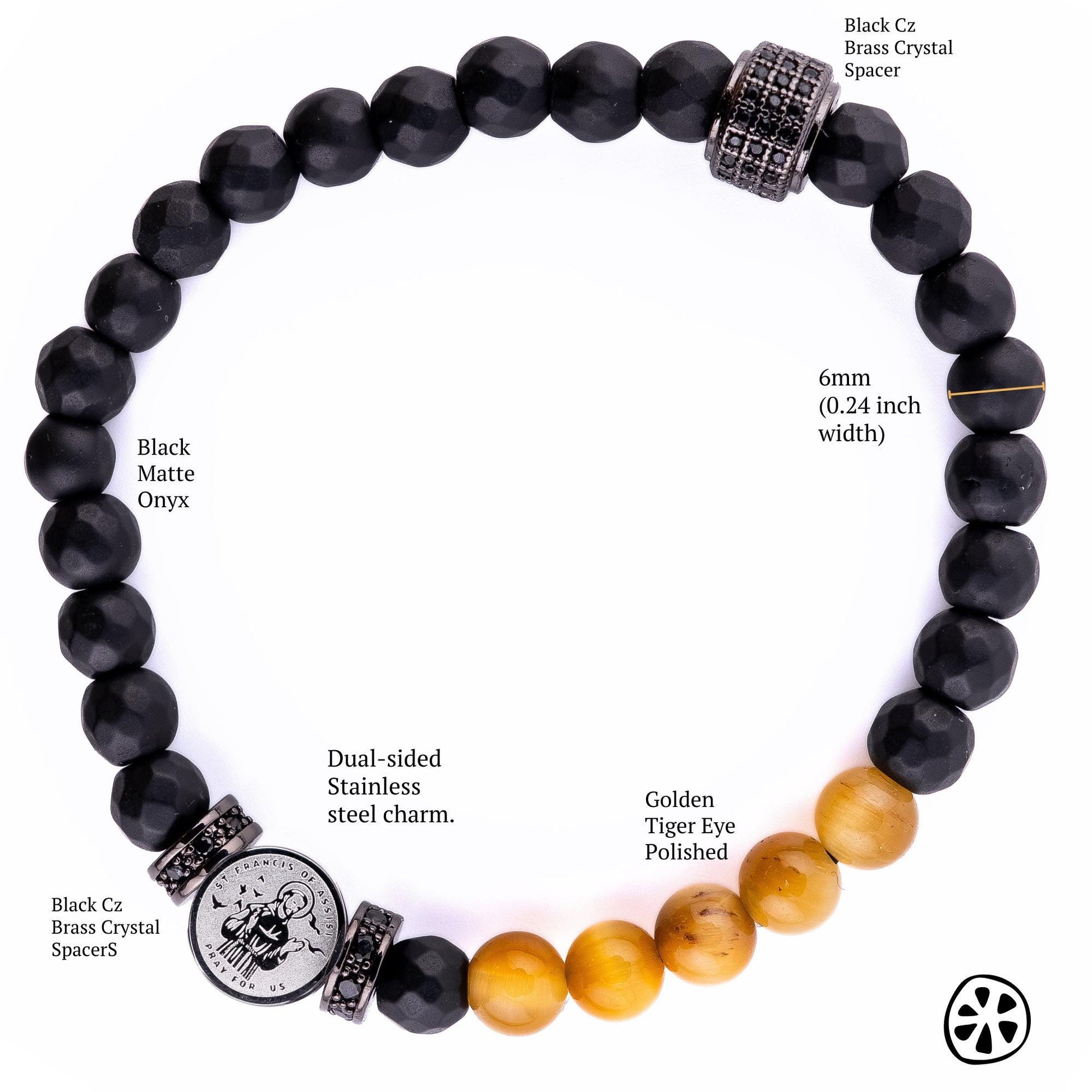 St Francis of Assisi Bracelet for Men, Tiger Eye and Black Onyx 6mm Beads, Catholic Saint Protection Jewelry, Stainless Steel Medal