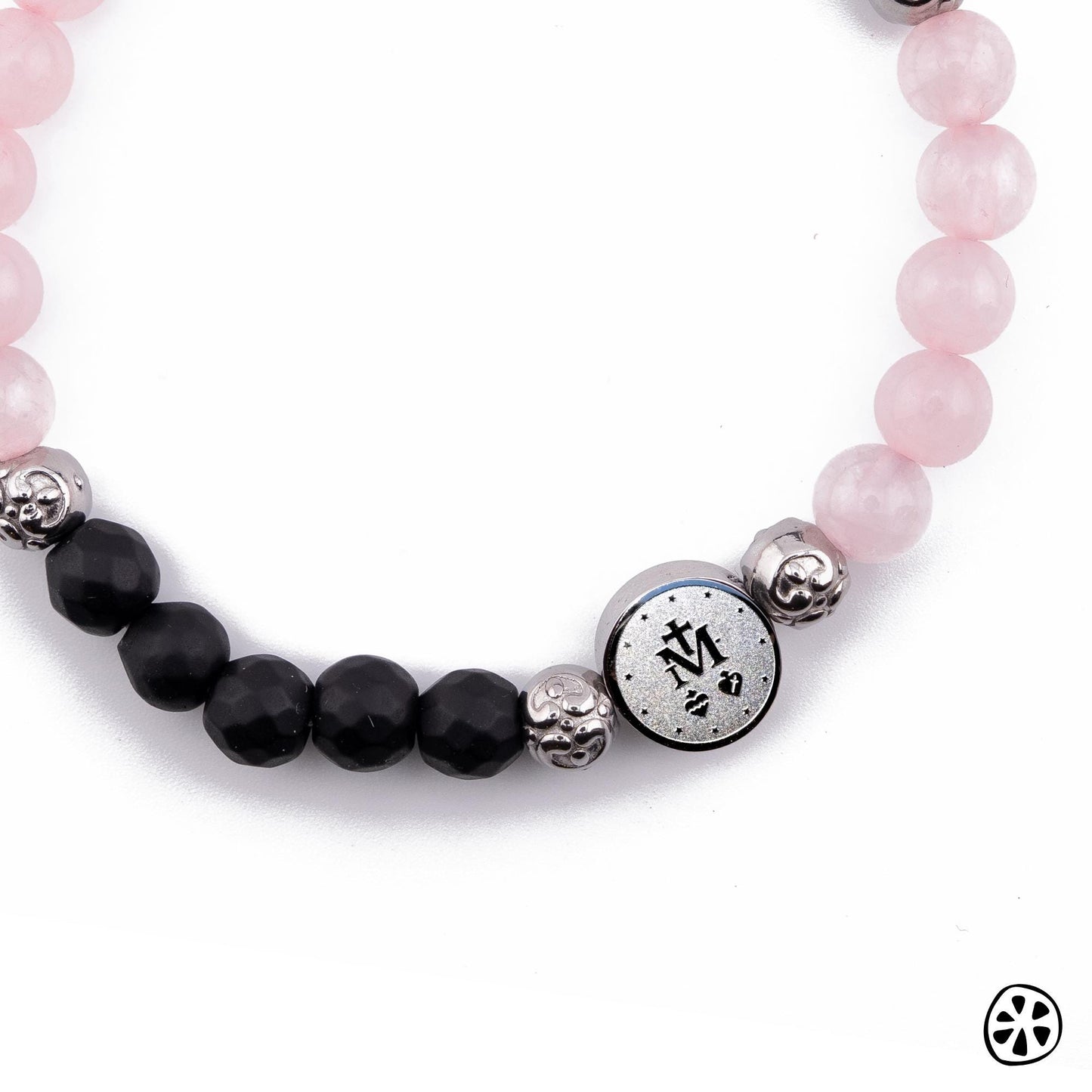 Our Lady of Graces Medal Bracelet: Onyx & Rose Quartz, Catholic Gift