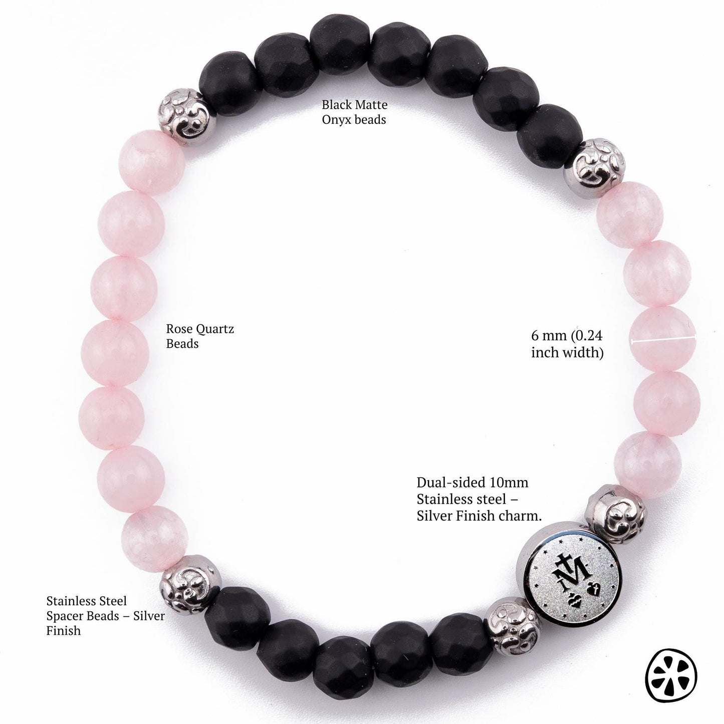 Our Lady of Graces Medal Bracelet: Onyx & Rose Quartz, Catholic Gift