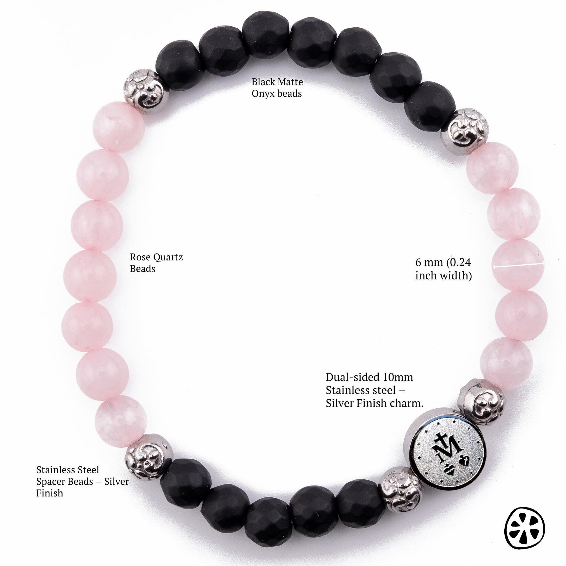Our Lady of Graces Medal Bracelet: Onyx & Rose Quartz, Catholic Gift