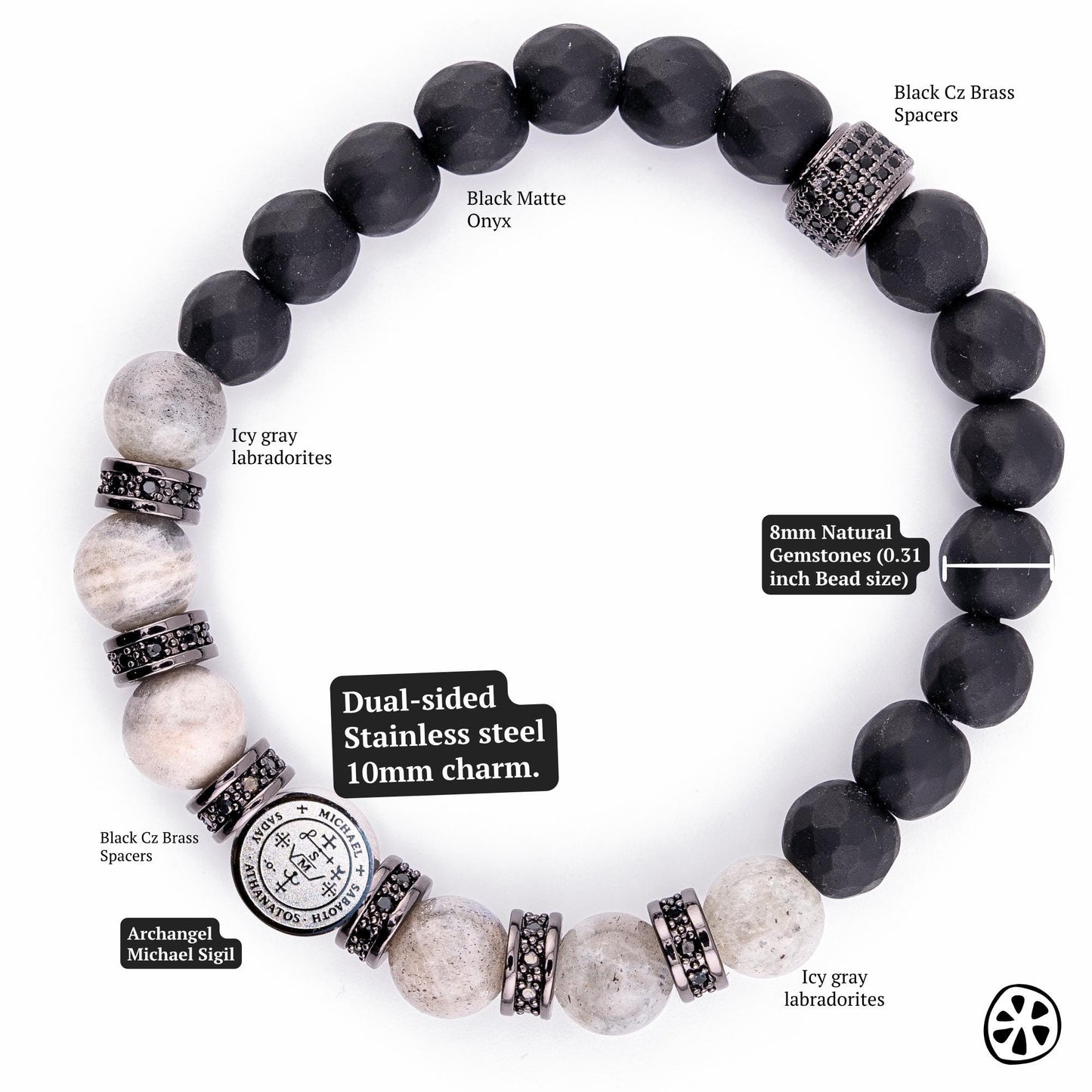 St Michael Medal and Sigil Bracelet, Guardian Angel Bracelet, Black Onyx Labradorite Moonstone, Catholic Gift for Men Women