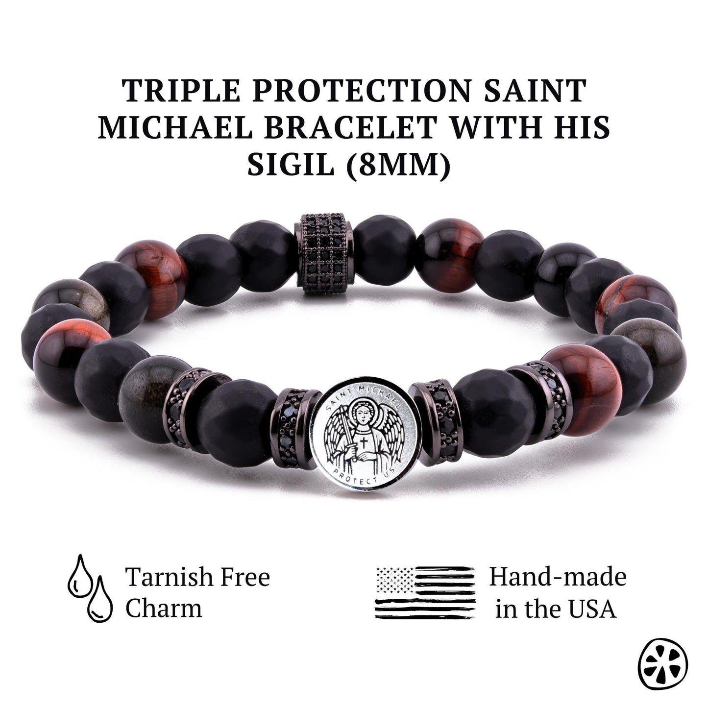 Archangel Michael & his Sigil Tarnish Free, Red Tiger eye, Black Onyx, Obsidian Triple Protection Bracelet.Catholic Religious Gift for Him,