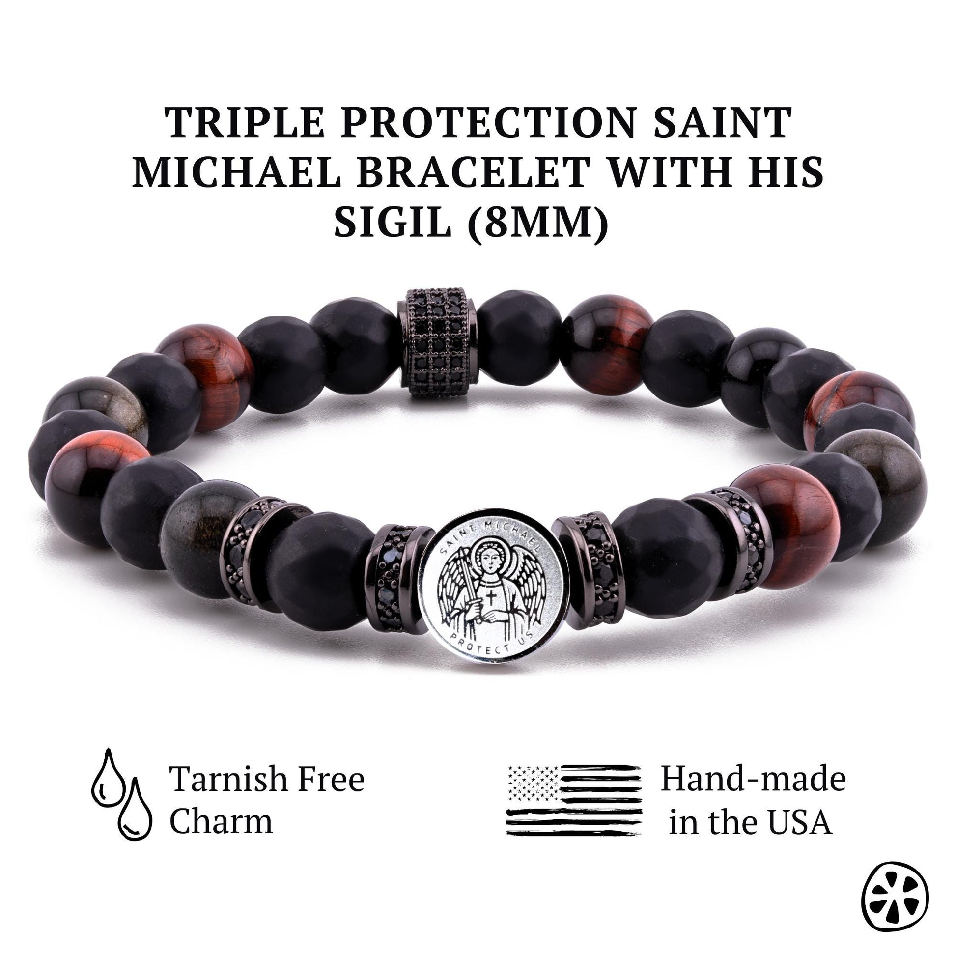 Archangel Michael & his Sigil Tarnish Free, Red Tiger eye, Black Onyx, Obsidian Triple Protection Bracelet.Catholic Religious Gift for Him,