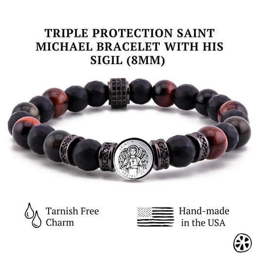 Archangel Michael & his Sigil Tarnish Free, Red Tiger eye, Black Onyx, Obsidian Triple Protection Bracelet.Catholic Religious Gift for Him,
