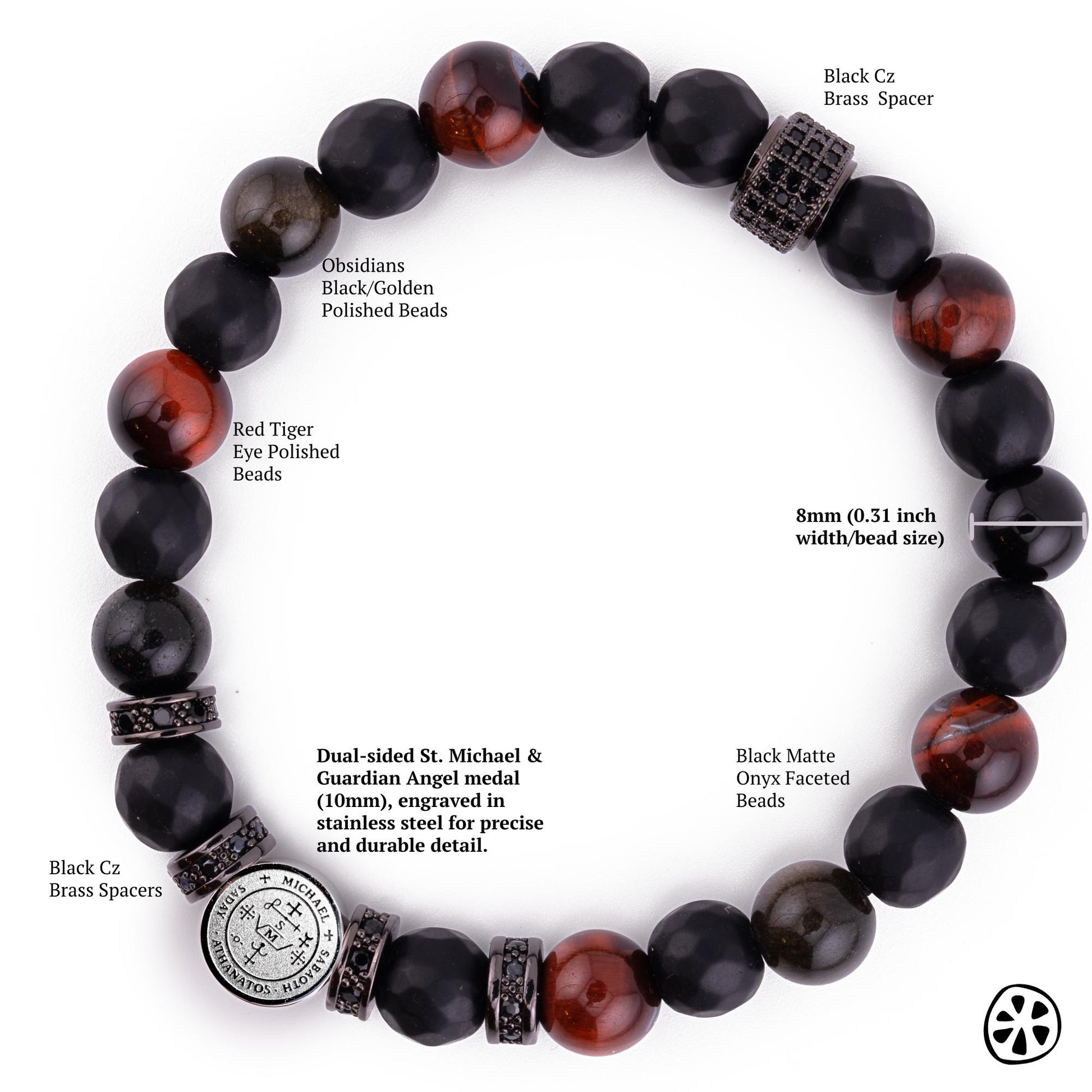 Archangel Michael & his Sigil Tarnish Free, Red Tiger eye, Black Onyx, Obsidian Triple Protection Bracelet.Catholic Religious Gift for Him,