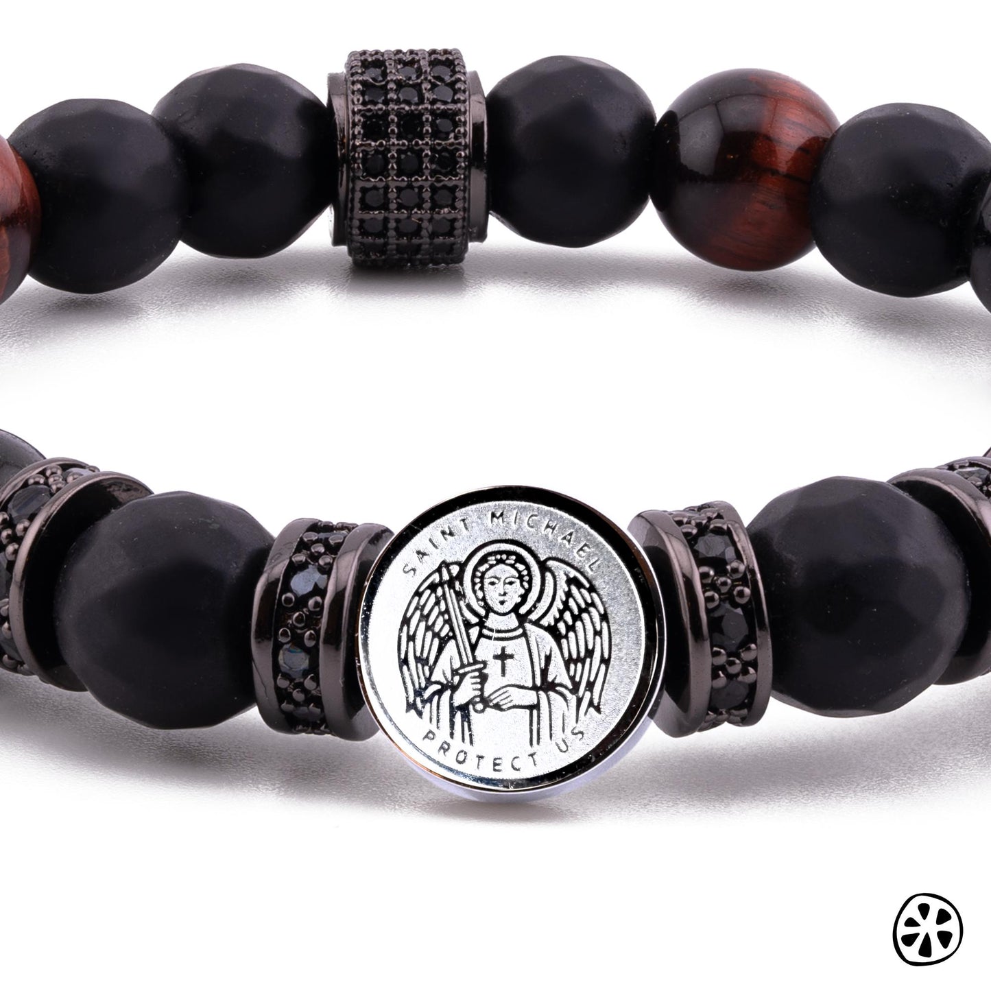 Archangel Michael & his Sigil Tarnish Free, Red Tiger eye, Black Onyx, Obsidian Triple Protection Bracelet.Catholic Religious Gift for Him,