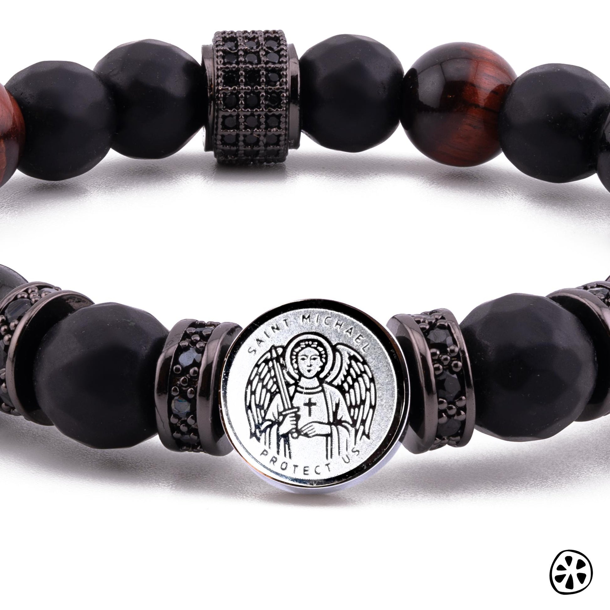 Archangel Michael & his Sigil Tarnish Free, Red Tiger eye, Black Onyx, Obsidian Triple Protection Bracelet.Catholic Religious Gift for Him,