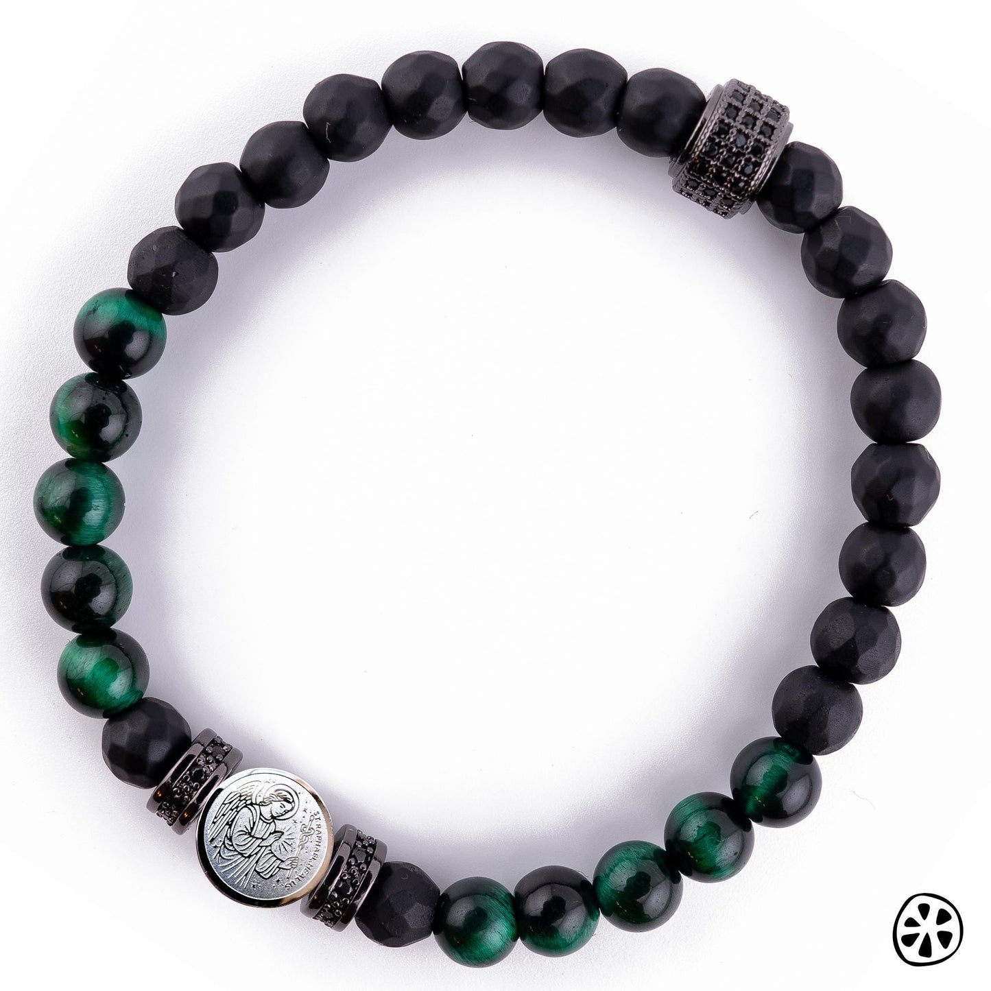 Handmade protection bracelet with polished black onyx and green tiger eye beads, featuring a double-sided Saint Raphael and Sigil medal charm symbolizing healing and divine protection. Designed in the Catholic rosary style with tarnish-free charms, a durable stretch band for daily wear, and unisex sizing for men and women. A meaningful spiritual healing and protection bracelet, handmade in the USA, ideal as a religious gift or Catholic jewelry.