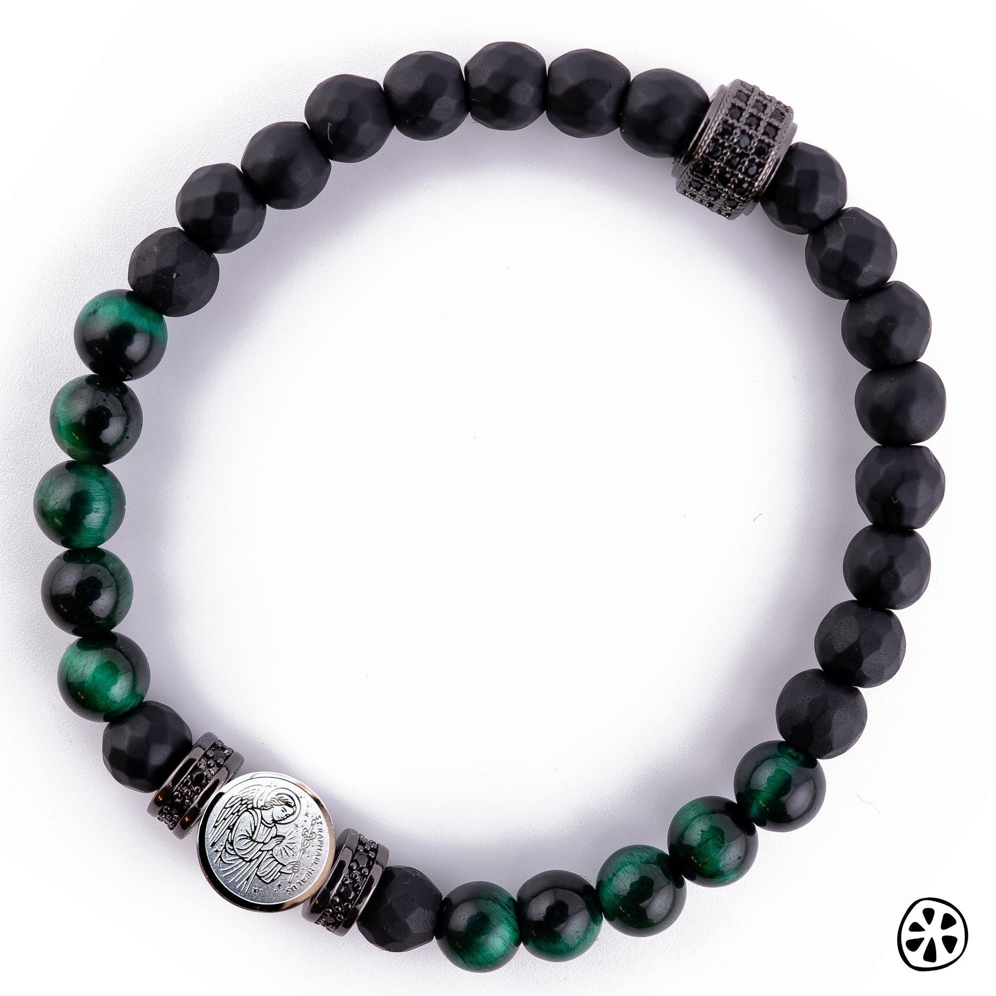 Handmade protection bracelet with polished black onyx and green tiger eye beads, featuring a double-sided Saint Raphael and Sigil medal charm symbolizing healing and divine protection. Designed in the Catholic rosary style with tarnish-free charms, a durable stretch band for daily wear, and unisex sizing for men and women. A meaningful spiritual healing and protection bracelet, handmade in the USA, ideal as a religious gift or Catholic jewelry.