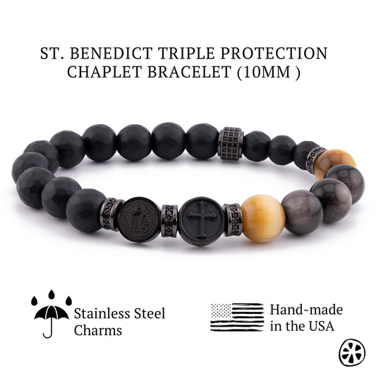St Benedict Triple Protection Inspired Design Rosary Bracelet for men, Faith & Blessing Men Gifts Tiger Eye, Onyx, Obsidian Chaplet