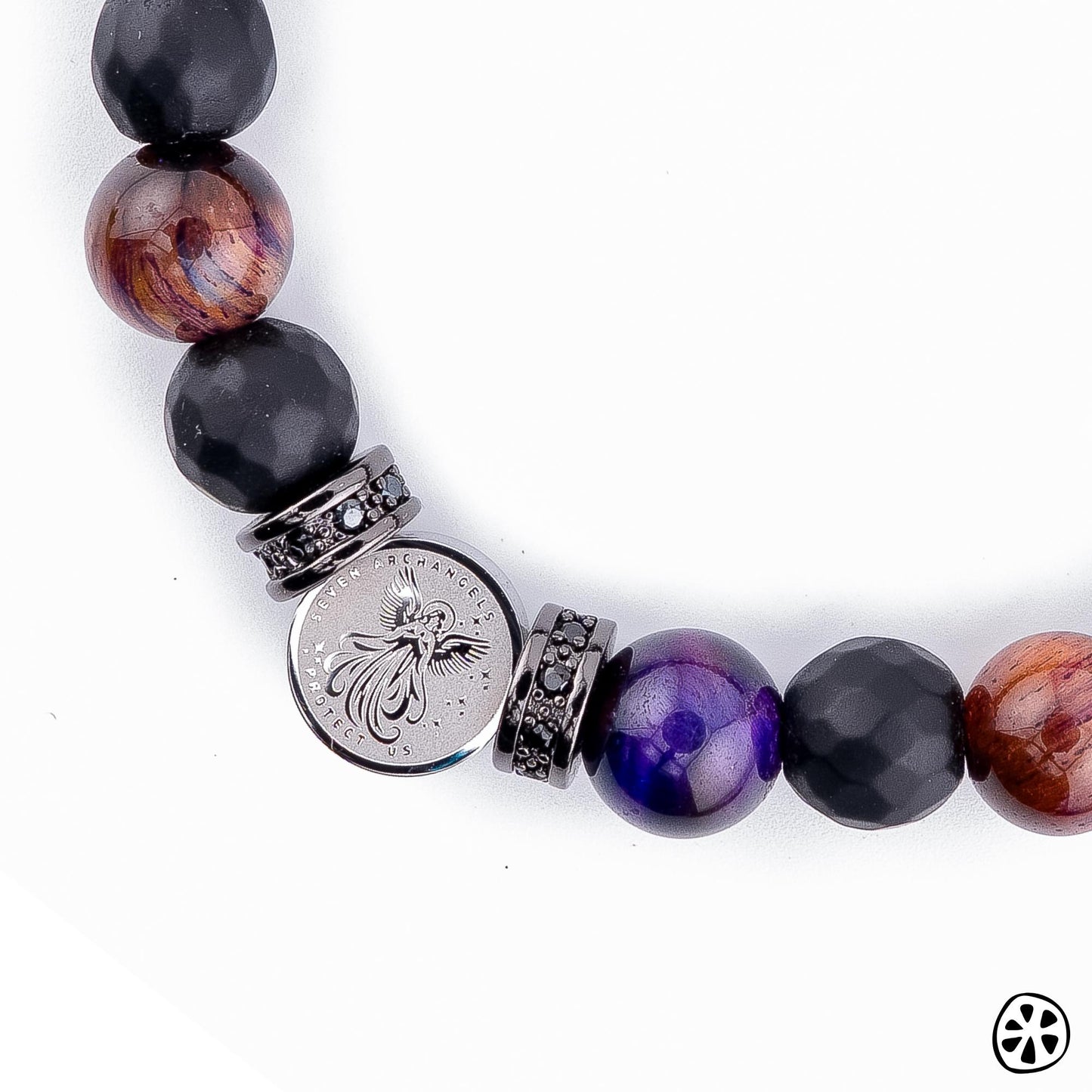 Handmade 7 Archangels protection bracelet featuring natural purple brown Tiger Eye and black matte Onyx gemstone beads. Designed with a 10mm dual-sided stainless steel archangel medal engraved with the sacred sigil and the names Michael, Gabriel, Raphael, Uriel, Selaphiel, Jegudiel, and Barachiel. Stretch beaded bracelet symbolizing protection, strength, balance, healing, and faith. Tarnish-free components, artisan made in the USA, ideal religious jewelry gift for men and women.