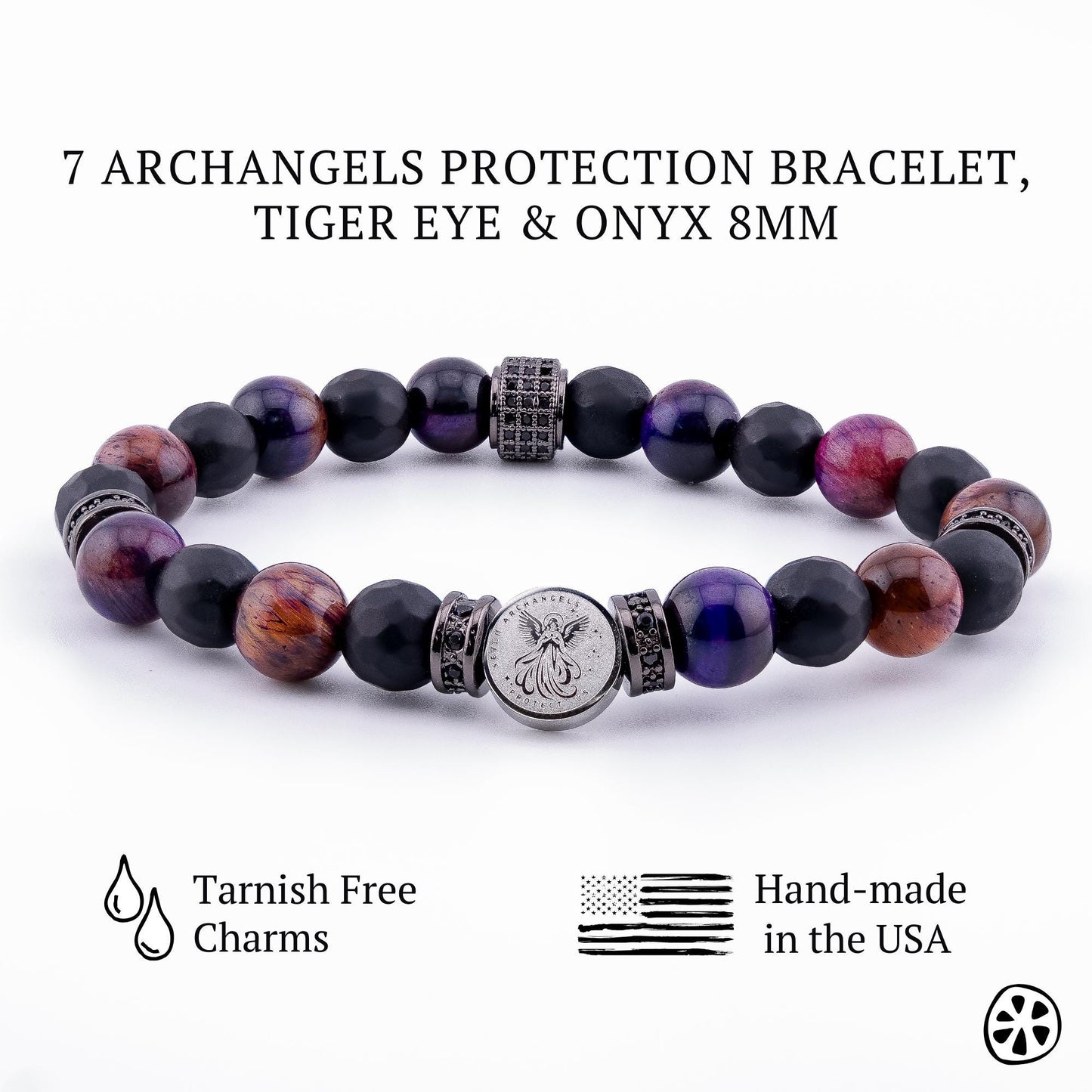 Handmade 7 Archangels protection bracelet featuring natural purple brown Tiger Eye and black matte Onyx gemstone beads. Designed with a 10mm dual-sided stainless steel archangel medal engraved with the sacred sigil and the names Michael, Gabriel, Raphael, Uriel, Selaphiel, Jegudiel, and Barachiel. Stretch beaded bracelet symbolizing protection, strength, balance, healing, and faith. Tarnish-free components, artisan made in the USA, ideal religious jewelry gift for men and women.