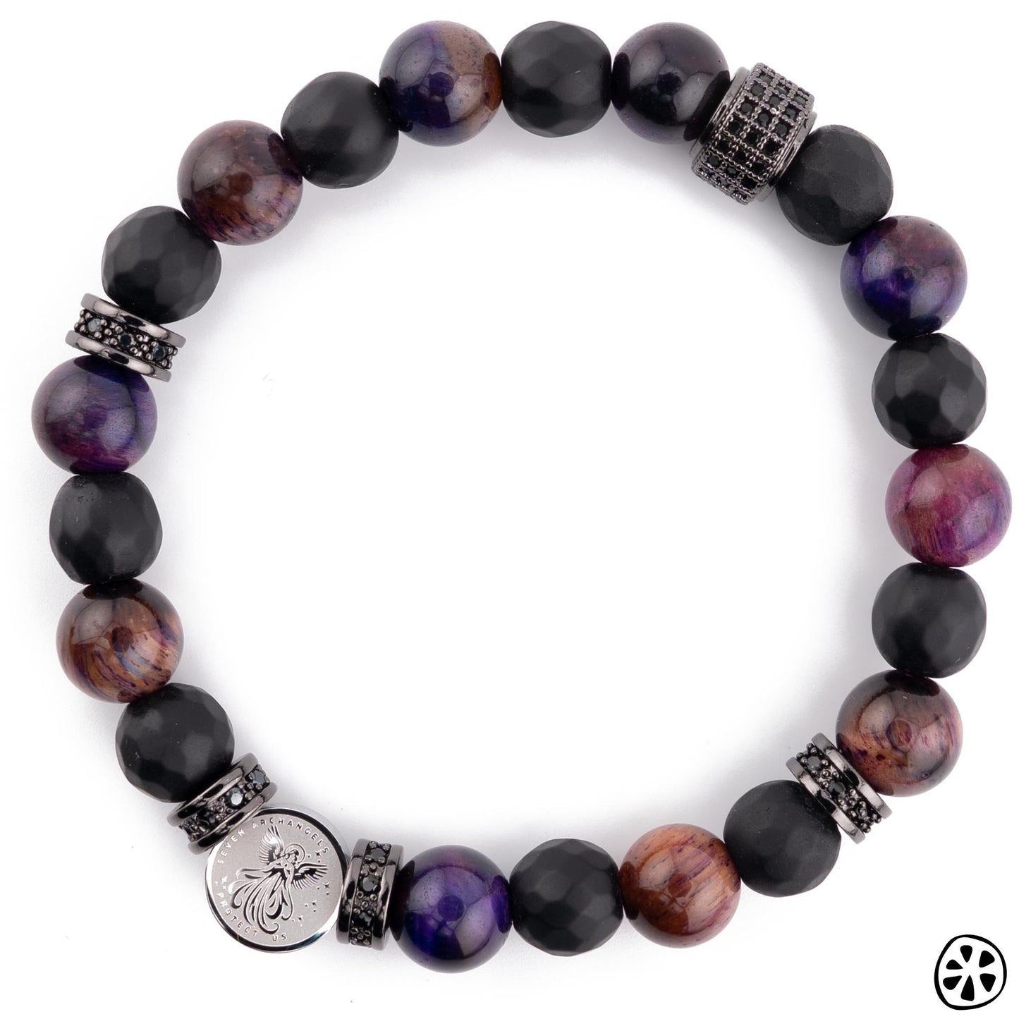 Seven Archangels Sigil Protection Bracelet – Purple Tiger Eye & Matte Black Onyx, Saint Medal Catholic Jewelry Gift for Him or Her, Unisex