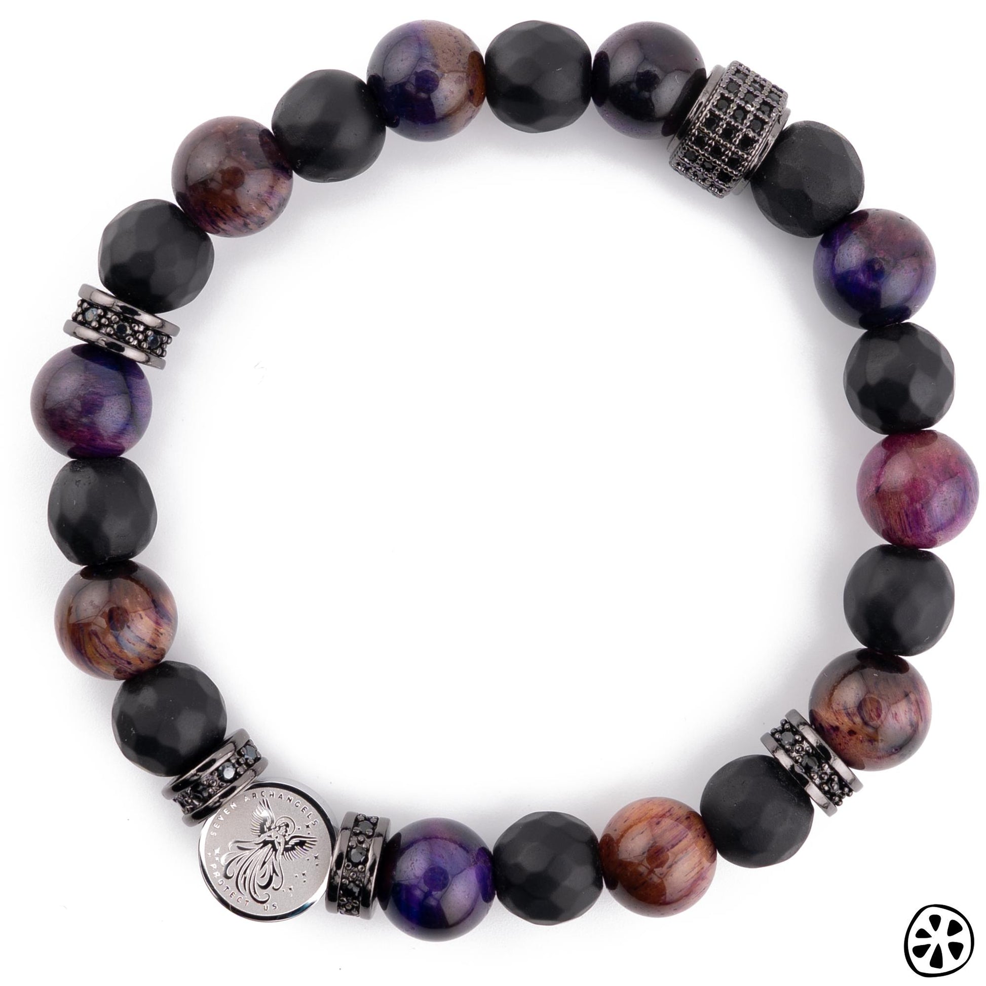 Seven Archangels Sigil Protection Bracelet – Purple Tiger Eye & Matte Black Onyx, Saint Medal Catholic Jewelry Gift for Him or Her, Unisex