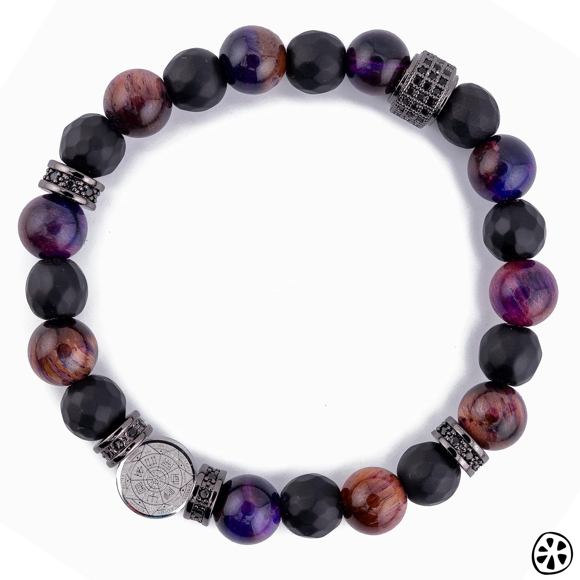 Seven Archangels Sigil Protection Bracelet – Purple Tiger Eye & Matte Black Onyx, Saint Medal Catholic Jewelry Gift for Him or Her, Unisex