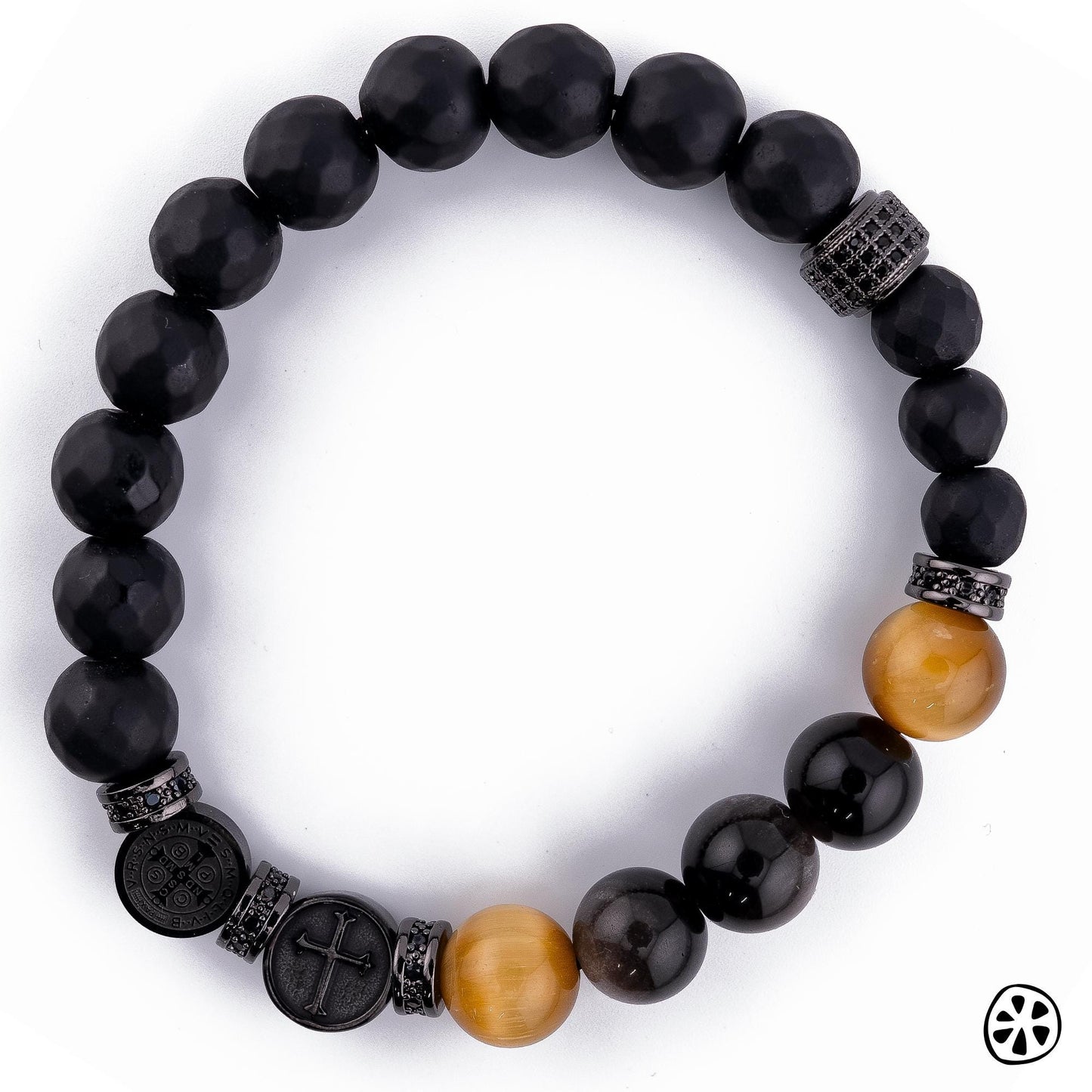 Saint Benedict Triple Protection Chaplet Rosary Bracelet for men, featuring 10mm gemstone beads in black matte onyx, golden tiger eye, and obsidian. Includes dual-sided stainless steel St. Benedict medal and cross charms in durable black PVD plated finish. Handmade contemporary Catholic men’s religious jewelry, hypoallergenic and tarnish resistant, designed for prayer, protection, and everyday wear.