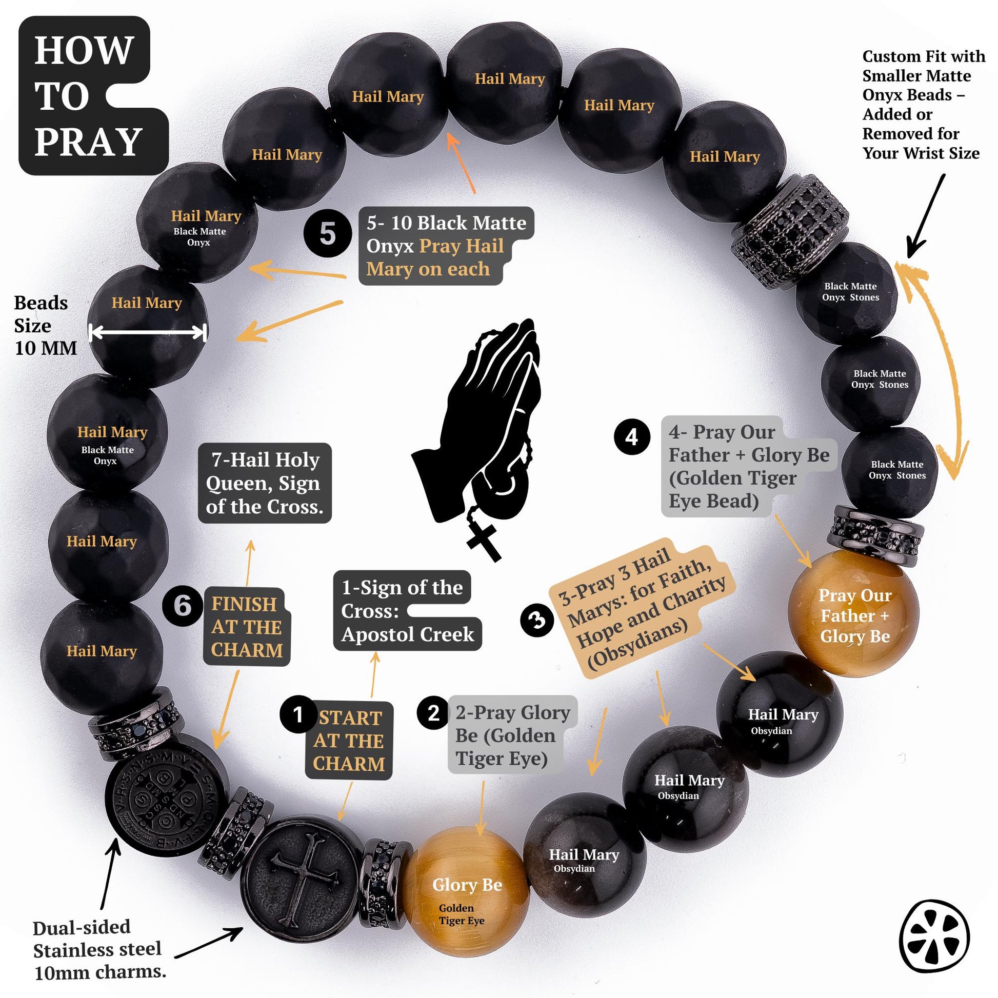 How to Pray the Chaplet Rosary Bracelet / Cómo rezar la Coronilla Rosario en pulsera. Saint Benedict triple protection bracelet with 10 mm black matte onyx, golden tiger eye, and obsidian beads. The infographic shows the prayer sequence:Sign of the Cross, Apostles’ Creed, Our Father, Hail Mary, Glory Be, Salve Regina. Handmade Catholic religious jewelry, stainless steel dual-sided medals, hypoallergenic, ideal for devotion and protection.