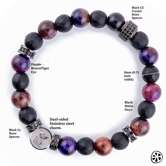 Handmade 7 Archangels protection bracelet featuring natural purple brown Tiger Eye and black matte Onyx gemstone beads. Designed with a 10mm dual-sided stainless steel archangel medal engraved with the sacred sigil and the names Michael, Gabriel, Raphael, Uriel, Selaphiel, Jegudiel, and Barachiel. Stretch beaded bracelet symbolizing protection, strength, balance, healing, and faith. Tarnish-free components, artisan made in the USA, ideal religious jewelry gift for men and women.
