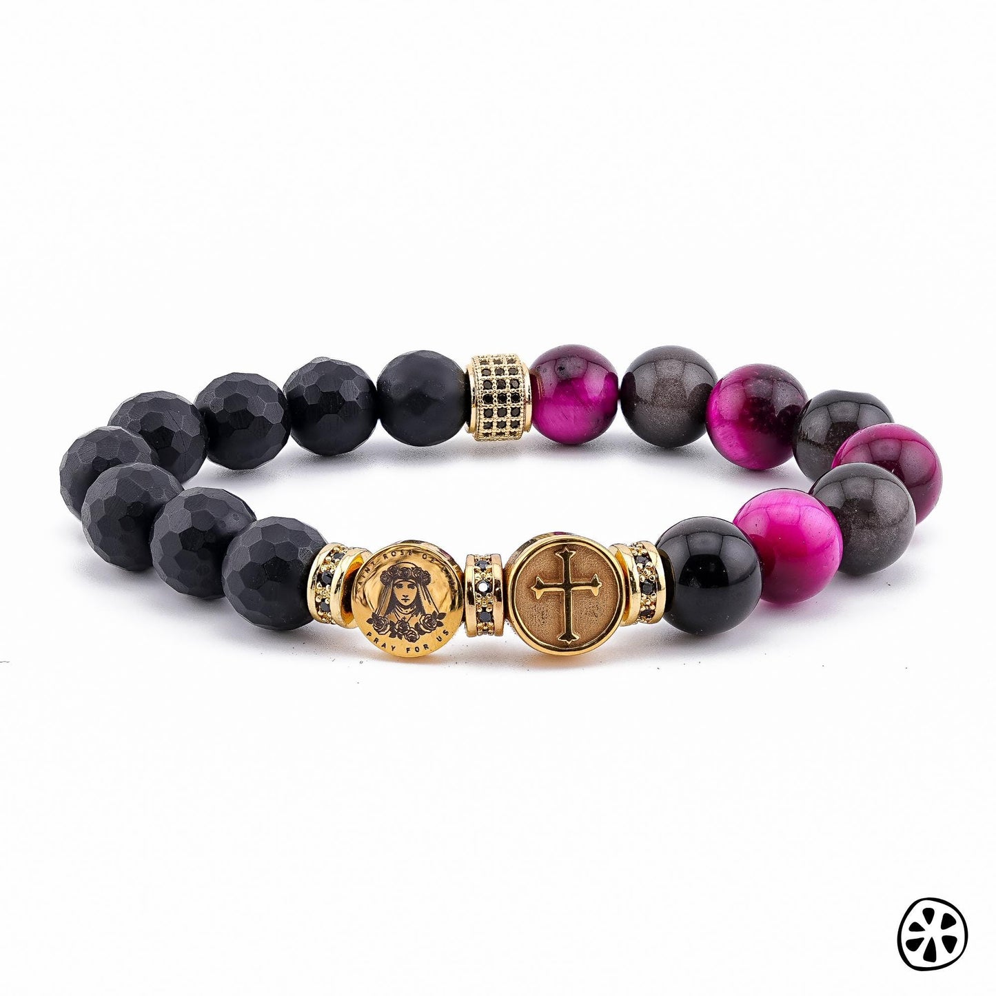 Handmade St. Rose of Lima & St. Martin de Porres Triple Protection Bracelet featuring 10mm black onyx matte beads, smooth gray obsidian, and genuine tiger eye coated in a pink-fuchsia tone. Adorned with 18K PVD gold-plated double-sided saint charms and gold CZ spacers. A unisex bracelet symbolizing faith, strength, and protection. / Pulsera artesanal de Santa Rosa de Lima y San Martín de Porres con ónix negro, obsidiana gris y ojo de tigre fucsia, hecha a mano en EE.UU.
