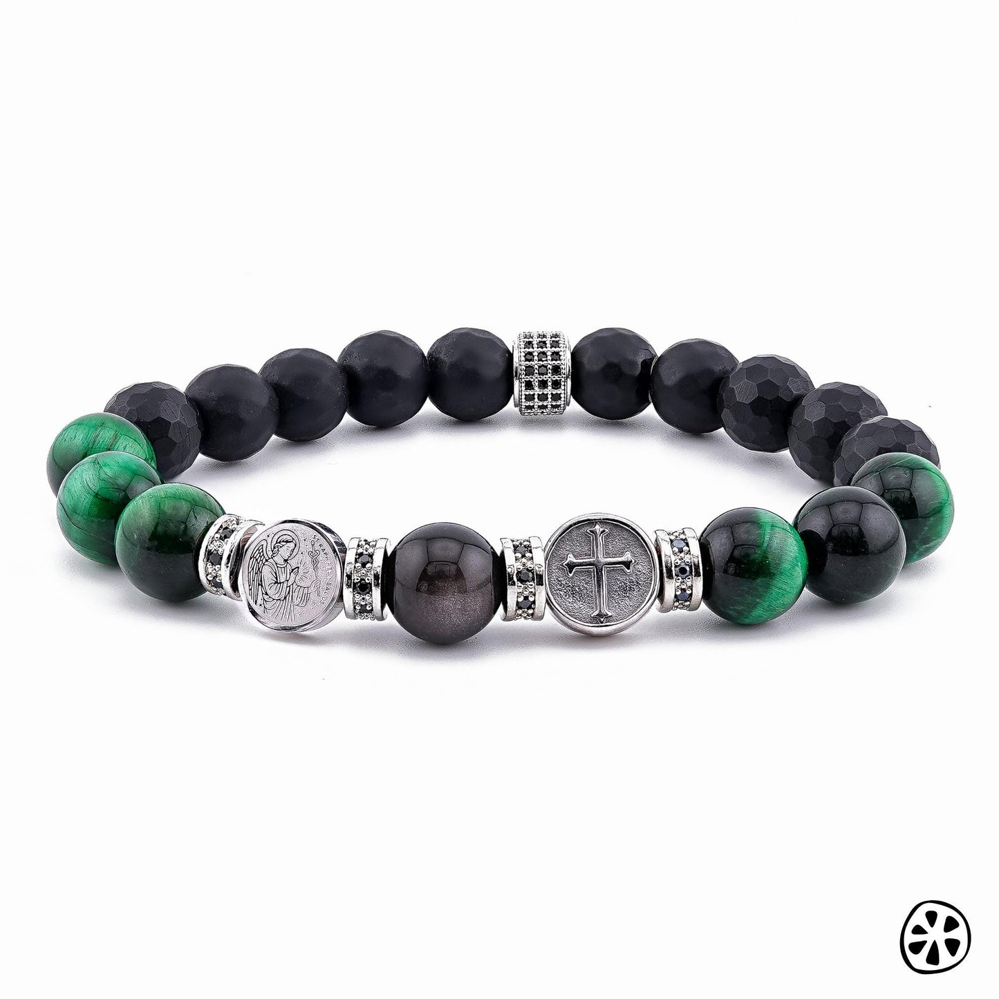 Archangel Raphael Sigil and Cross Bracelet,  – Green Tiger Eye & Matte Black Onyx Healing Protection Religious Gift for Him or Her, Unisex