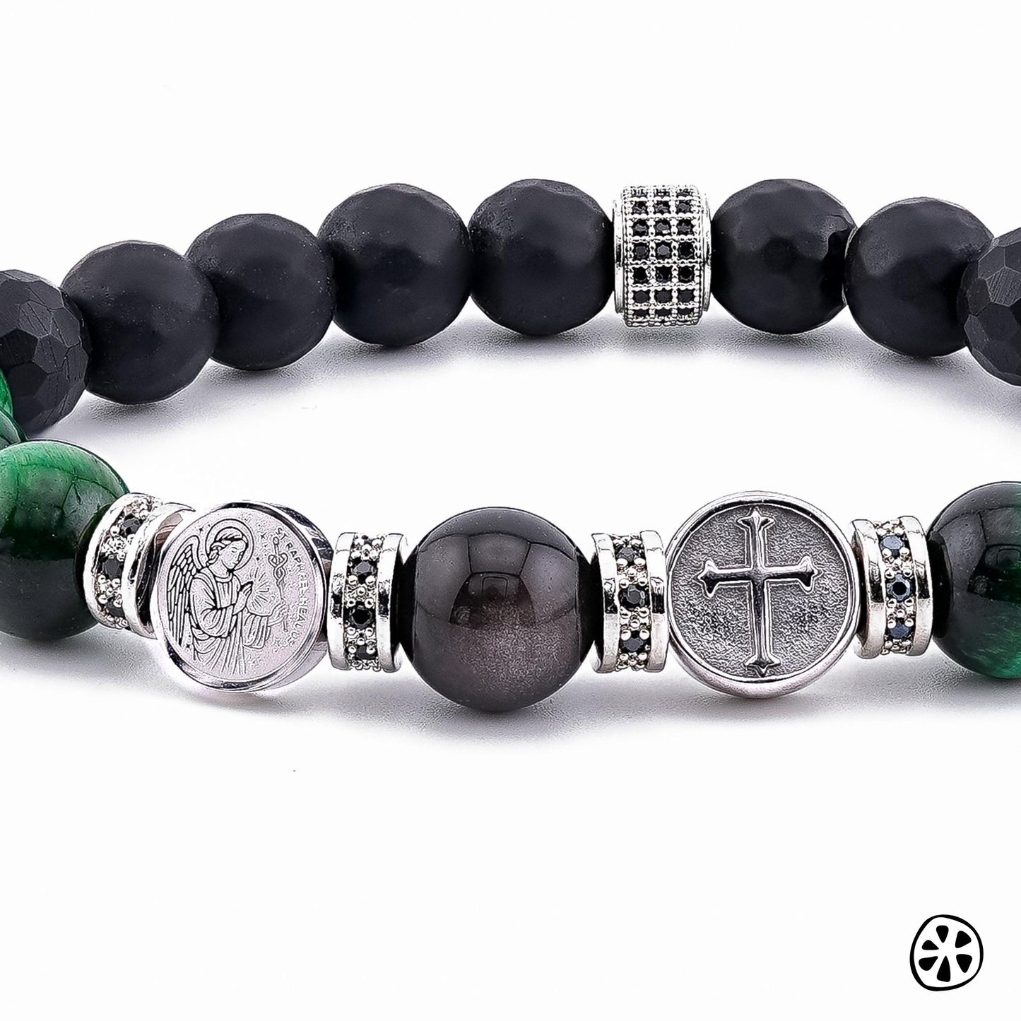 Archangel Raphael Sigil and Cross Bracelet,  – Green Tiger Eye & Matte Black Onyx Healing Protection Religious Gift for Him or Her, Unisex