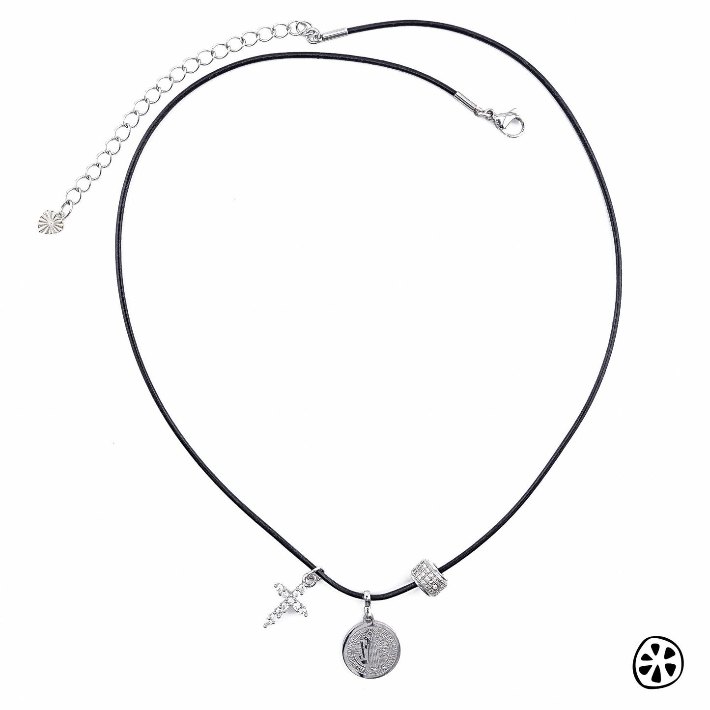St. Benedict Medal Leather Necklace, CZ Cross, Unisex Protection Jewelry