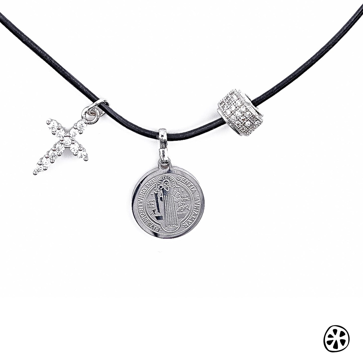 St. Benedict Medal Leather Necklace, CZ Cross, Unisex Protection Jewelry