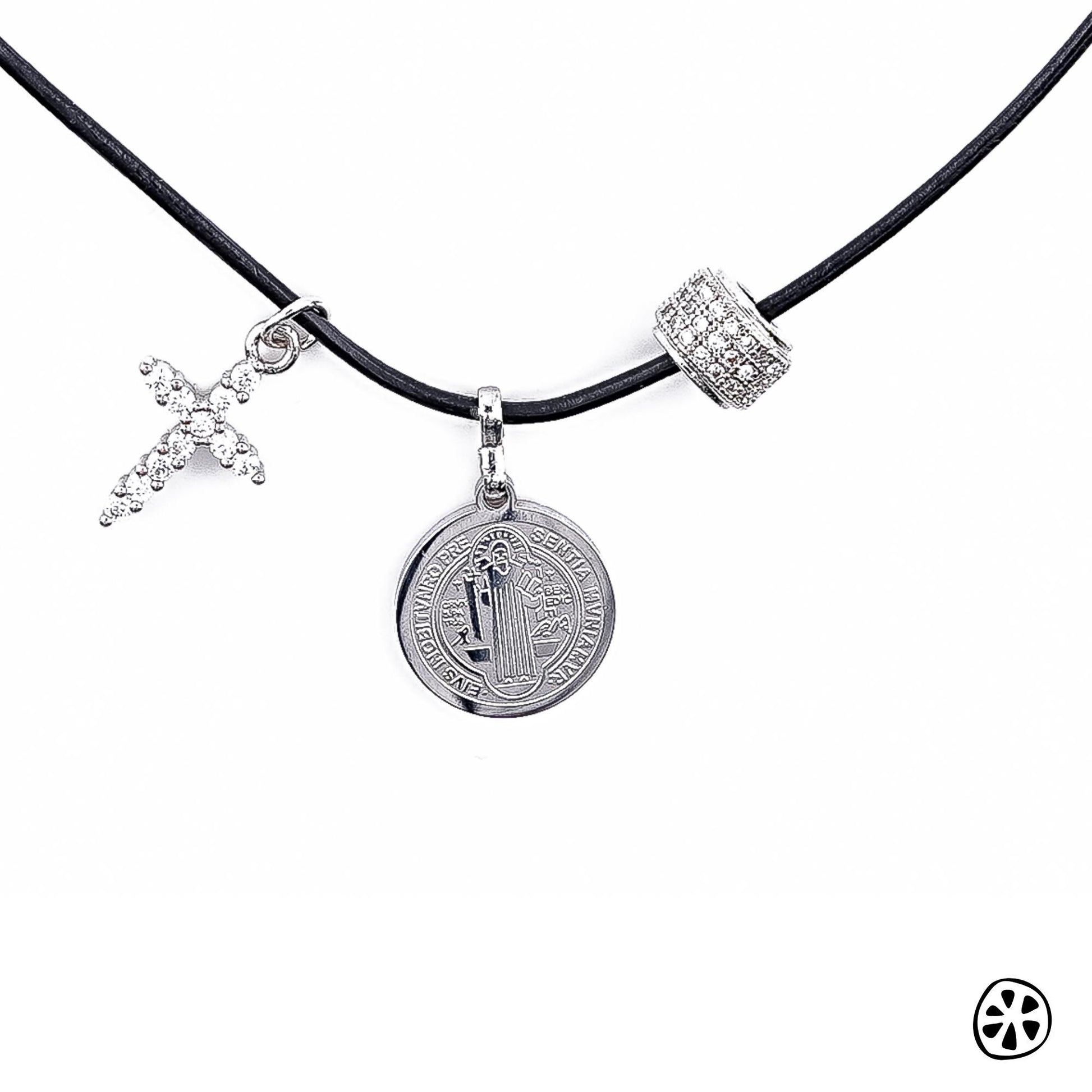 St. Benedict Medal Leather Necklace, CZ Cross, Unisex Protection Jewelry