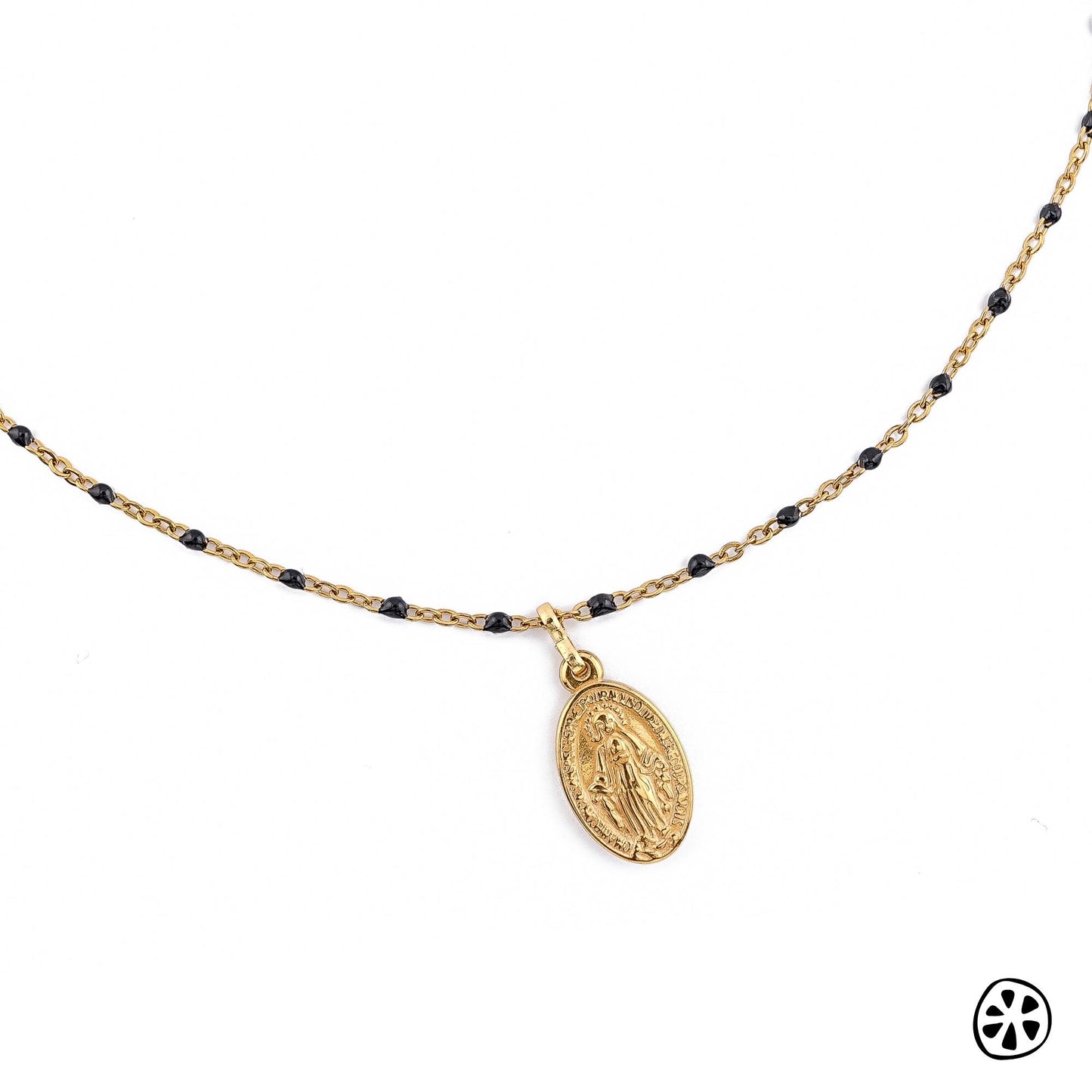 Miraculous Medal “Our Lady of Graces” necklace featuring a detailed 18K gold PVD plated stainless steel medal (0.86 x 0.51 in / 22 x 13 mm) on a dainty 304 stainless steel chain with black enamel beads. Hypoallergenic, tarnish-resistant, and water-safe. Shown on white background for clear detail. Perfect Catholic gift symbolizing protection, blessings, and devotion. Handmade by JuicyLemonStore.
