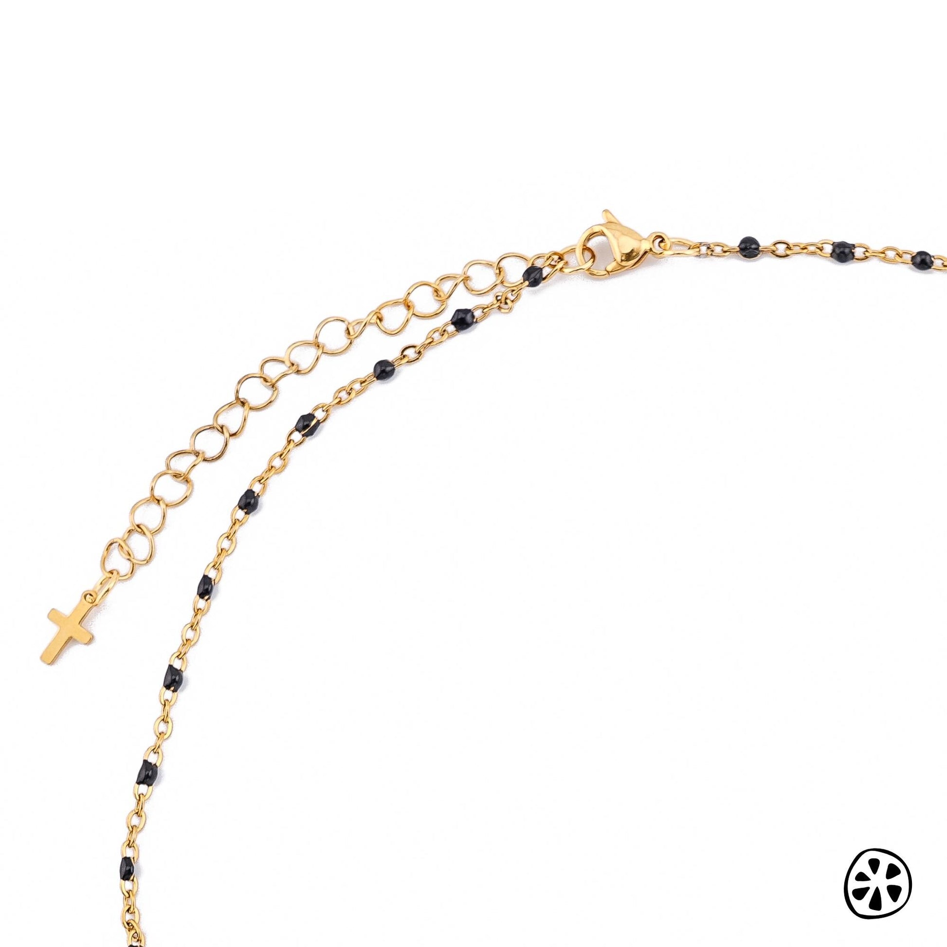 Miraculous Medal “Our Lady of Graces” necklace featuring a detailed 18K gold PVD plated stainless steel medal (0.86 x 0.51 in / 22 x 13 mm) on a dainty 304 stainless steel chain with black enamel beads. Hypoallergenic, tarnish-resistant, and water-safe. Shown on white background for clear detail. Perfect Catholic gift symbolizing protection, blessings, and devotion. Handmade by JuicyLemonStore.