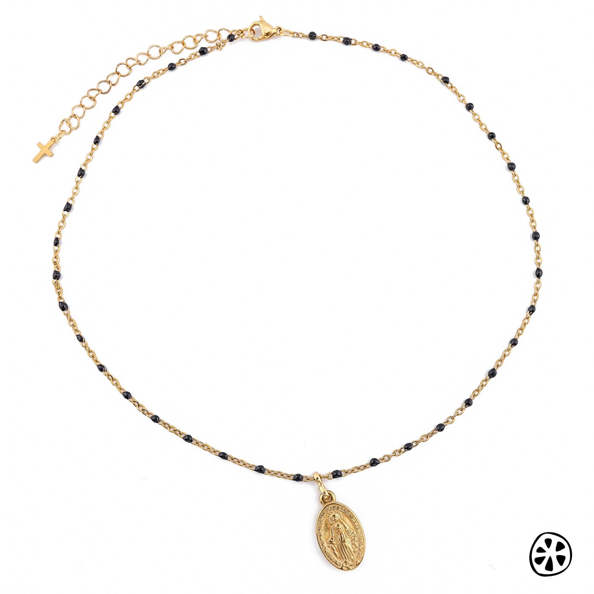 Miraculous Medal “Our Lady of Graces” necklace featuring a detailed 18K gold PVD plated stainless steel medal (0.86 x 0.51 in / 22 x 13 mm) on a dainty 304 stainless steel chain with black enamel beads. Hypoallergenic, tarnish-resistant, and water-safe. Shown on white background for clear detail. Perfect Catholic gift symbolizing protection, blessings, and devotion. Handmade by JuicyLemonStore.