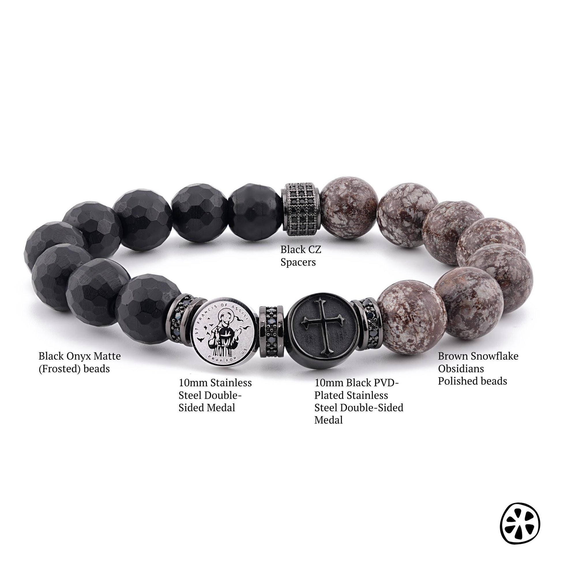 Handmade St. Francis bracelet featuring 10 mm brown snowflake obsidian and faceted black onyx beads. Designed for spiritual protection, faith, and a deep connection to nature. Includes tarnish-free stainless-steel charms with St. Francis and a cross symbol, representing harmony and strength. Handcrafted in the USA with durable stretch cord and premium gemstones for long-lasting wear and meaning.