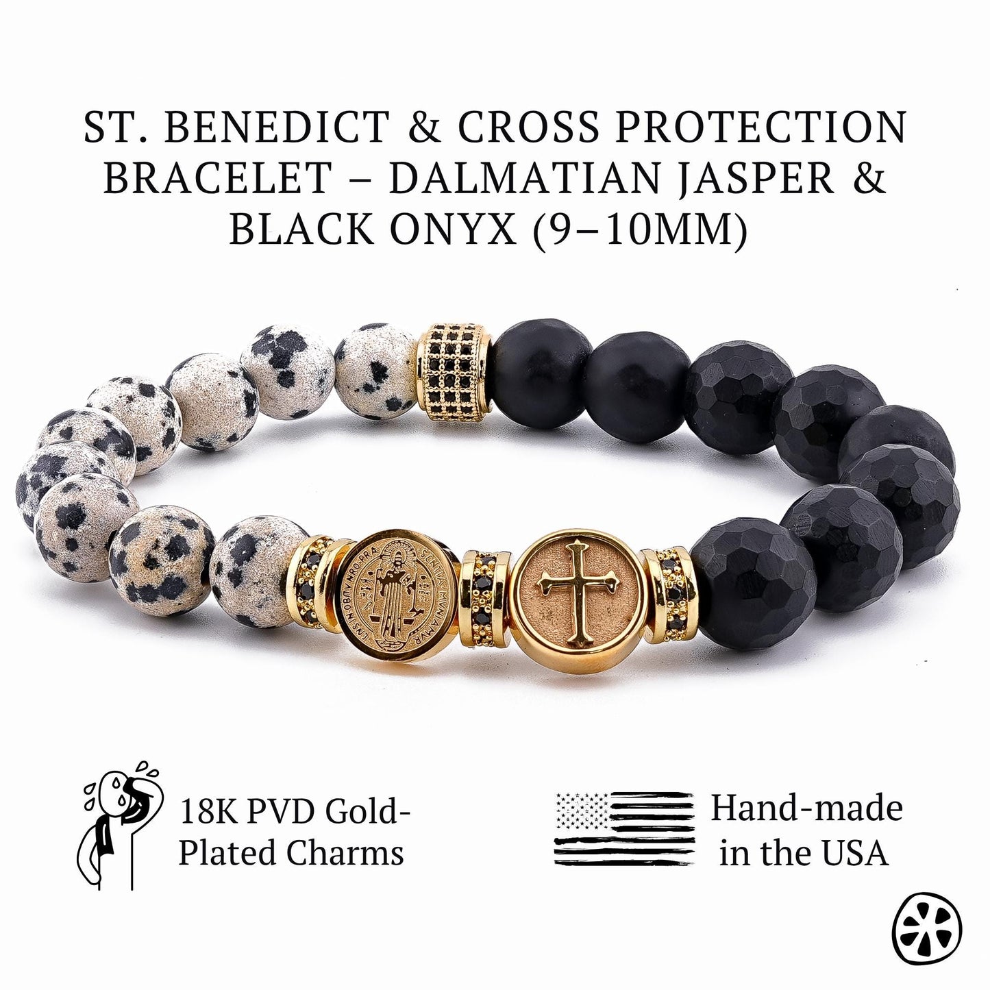 St. Benedict gold protection bracelet featuring a 10mm stainless steel 18K PVD gold-plated double-sided Saint Benedict medal paired with a gold cross charm. Handcrafted stretch bracelet made with black faceted matte onyx beads and natural Dalmatian jasper gemstone beads, accented with gold CZ brass spacers. Unisex Catholic religious jewelry symbolizing faith, protection, strength, balance, grounding, and spiritual devotion. Meaningful Christian gift for men and women.