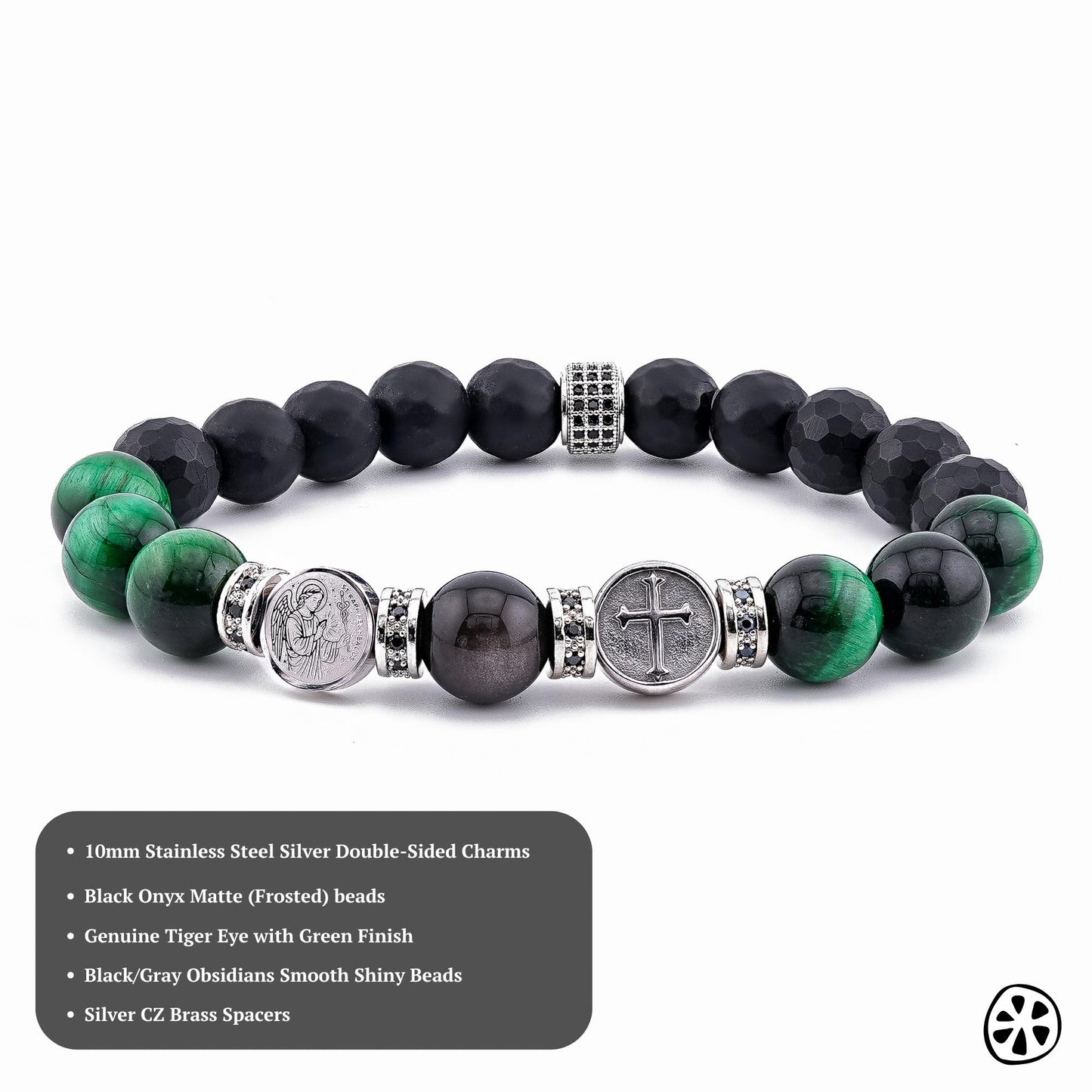 Archangel Raphael Sigil and Cross Bracelet,  – Green Tiger Eye & Matte Black Onyx Healing Protection Religious Gift for Him or Her, Unisex
