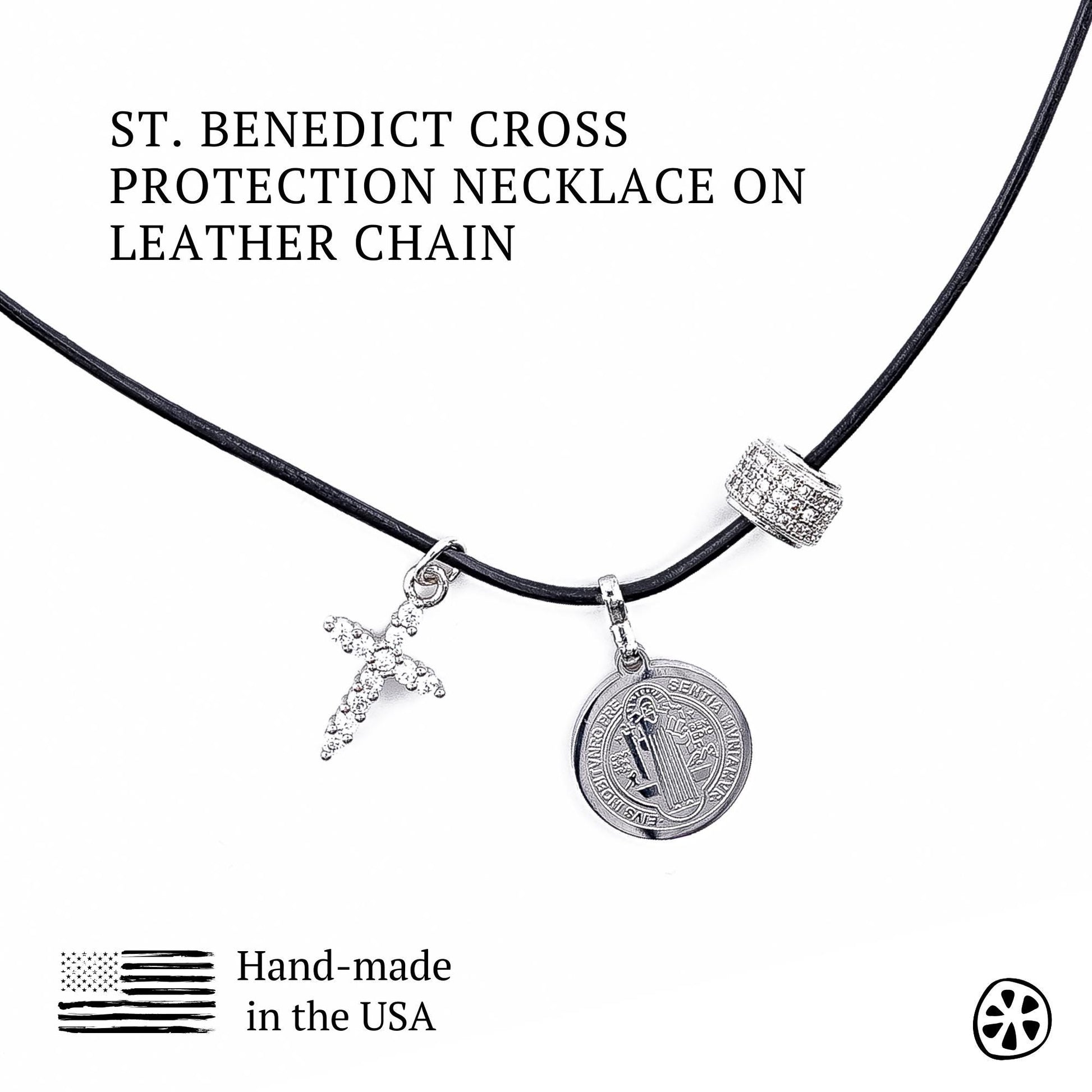 St. Benedict Medal Leather Necklace, CZ Cross, Unisex Protection Jewelry