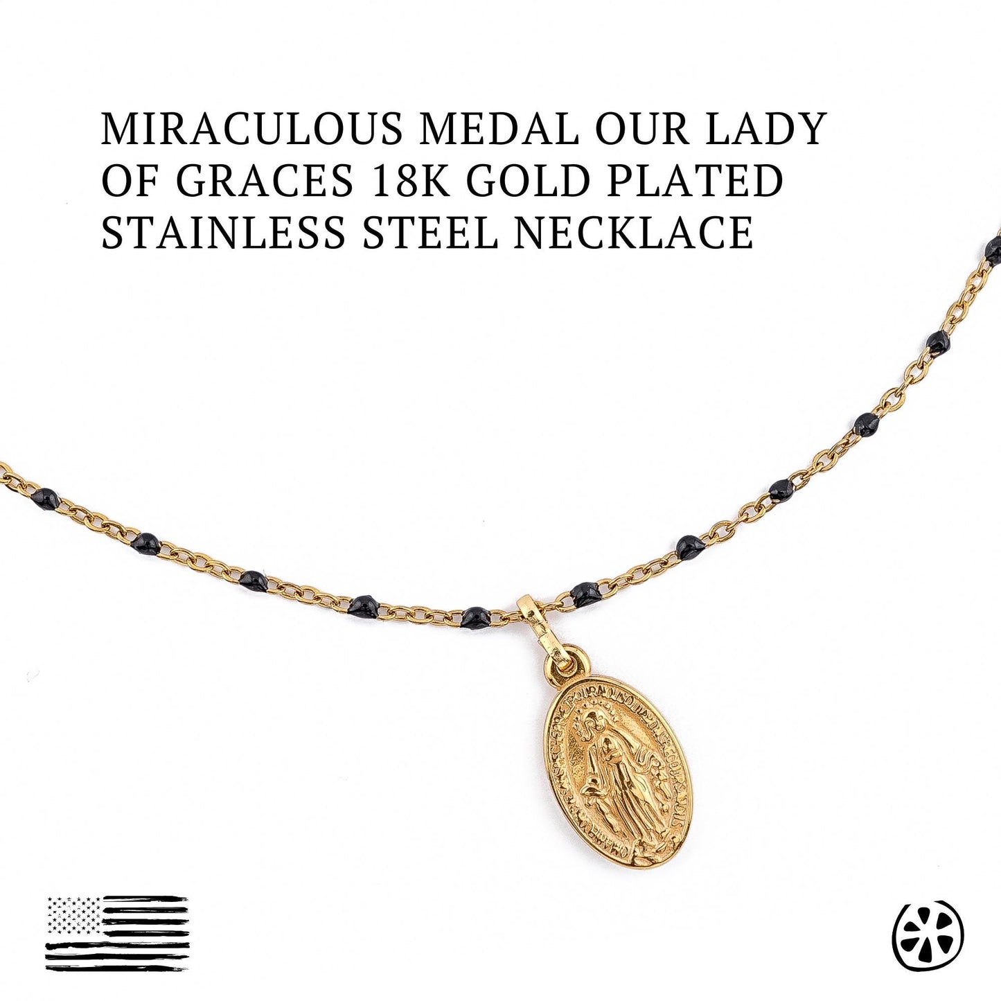 Miraculous Medal “Our Lady of Graces” necklace featuring a detailed 18K gold PVD plated stainless steel medal (0.86 x 0.51 in / 22 x 13 mm) on a dainty 304 stainless steel chain with black enamel beads. Hypoallergenic, tarnish-resistant, and water-safe. Shown on white background for clear detail. Perfect Catholic gift symbolizing protection, blessings, and devotion. Handmade by JuicyLemonStore.