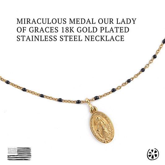 Miraculous Medal “Our Lady of Graces” necklace featuring a detailed 18K gold PVD plated stainless steel medal (0.86 x 0.51 in / 22 x 13 mm) on a dainty 304 stainless steel chain with black enamel beads. Hypoallergenic, tarnish-resistant, and water-safe. Shown on white background for clear detail. Perfect Catholic gift symbolizing protection, blessings, and devotion. Handmade by JuicyLemonStore.