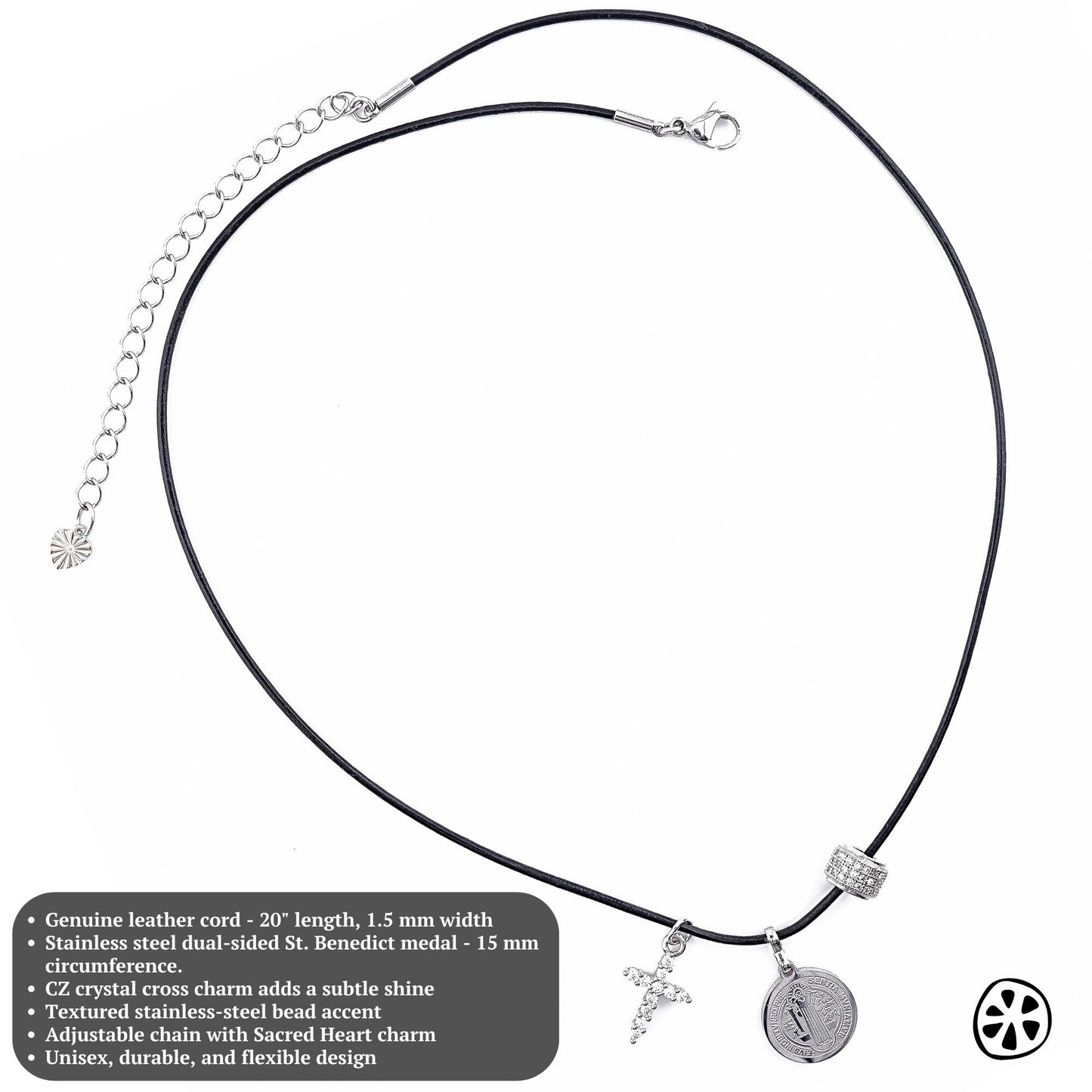 St. Benedict Medal Leather Necklace, CZ Cross, Unisex Protection Jewelry