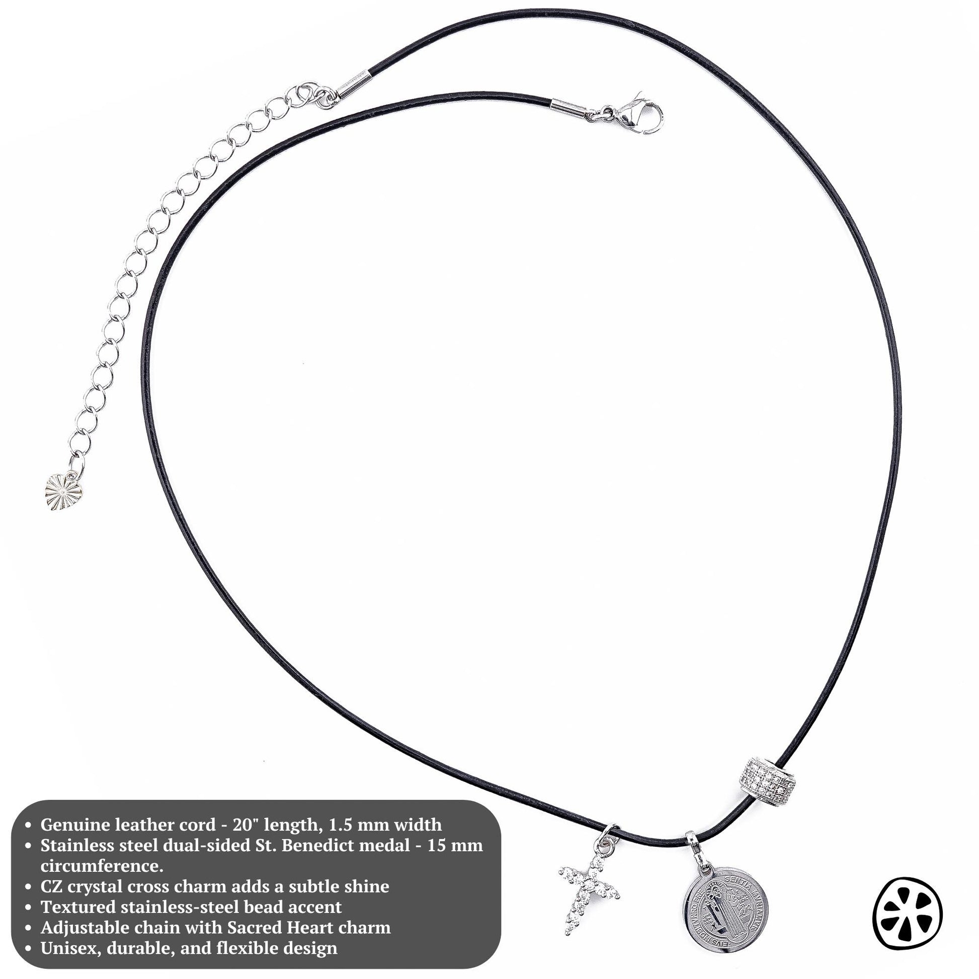 St. Benedict Medal Leather Necklace, CZ Cross, Unisex Protection Jewelry