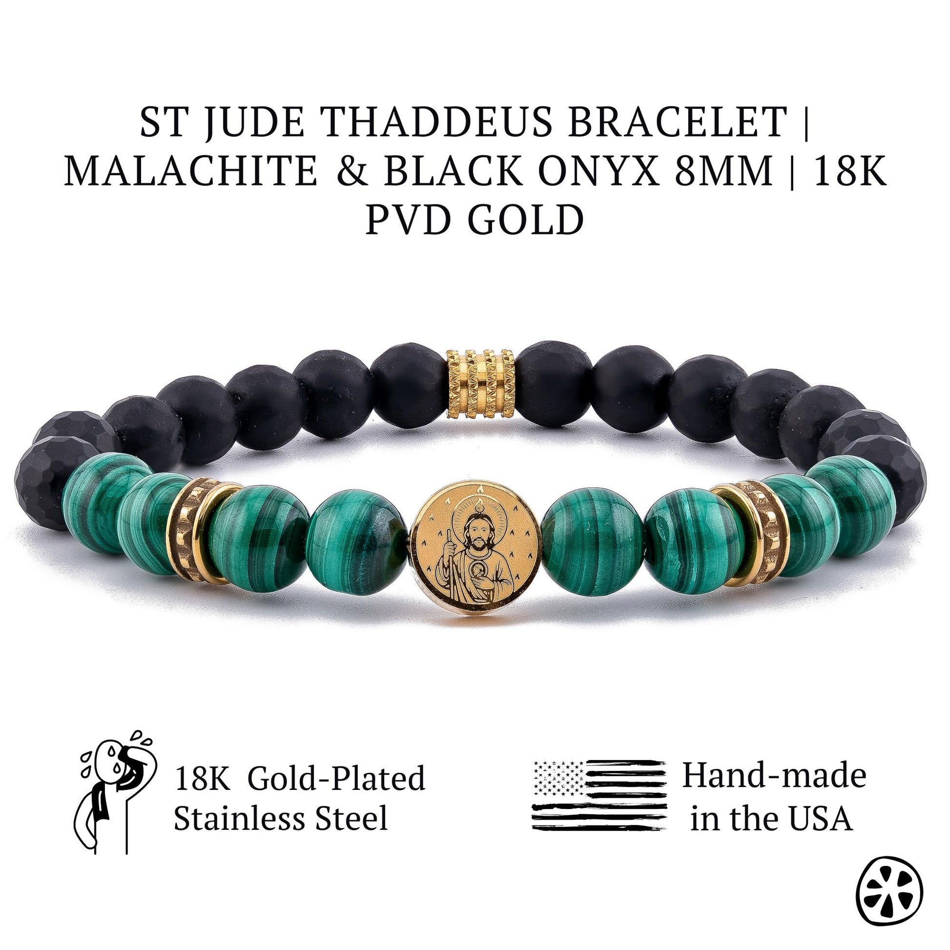 St Jude Thaddeus bracelet for men made with natural green malachite and black matte onyx beads in 8mm size. Features an 18k PVD gold-plated stainless steel St Jude charm with matching gold spacers. Handmade Catholic faith bracelet designed for strength, hope, and protection. Elegant men’s religious jewelry for daily wear or meaningful spiritual gifts. JuicyLemonStore