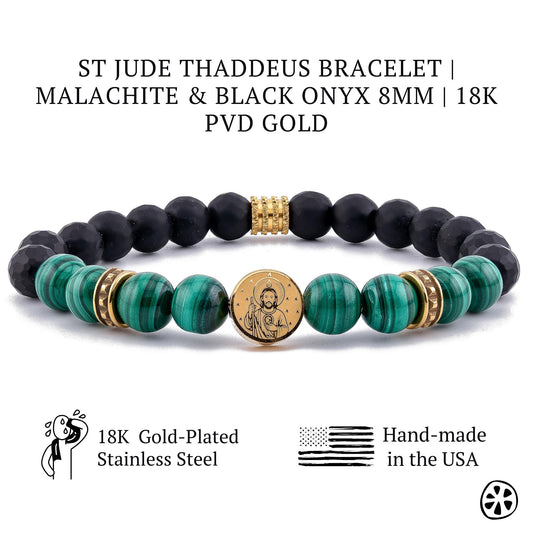 St Jude Thaddeus bracelet for men made with natural green malachite and black matte onyx beads in 8mm size. Features an 18k PVD gold-plated stainless steel St Jude charm with matching gold spacers. Handmade Catholic faith bracelet designed for strength, hope, and protection. Elegant men’s religious jewelry for daily wear or meaningful spiritual gifts. JuicyLemonStore