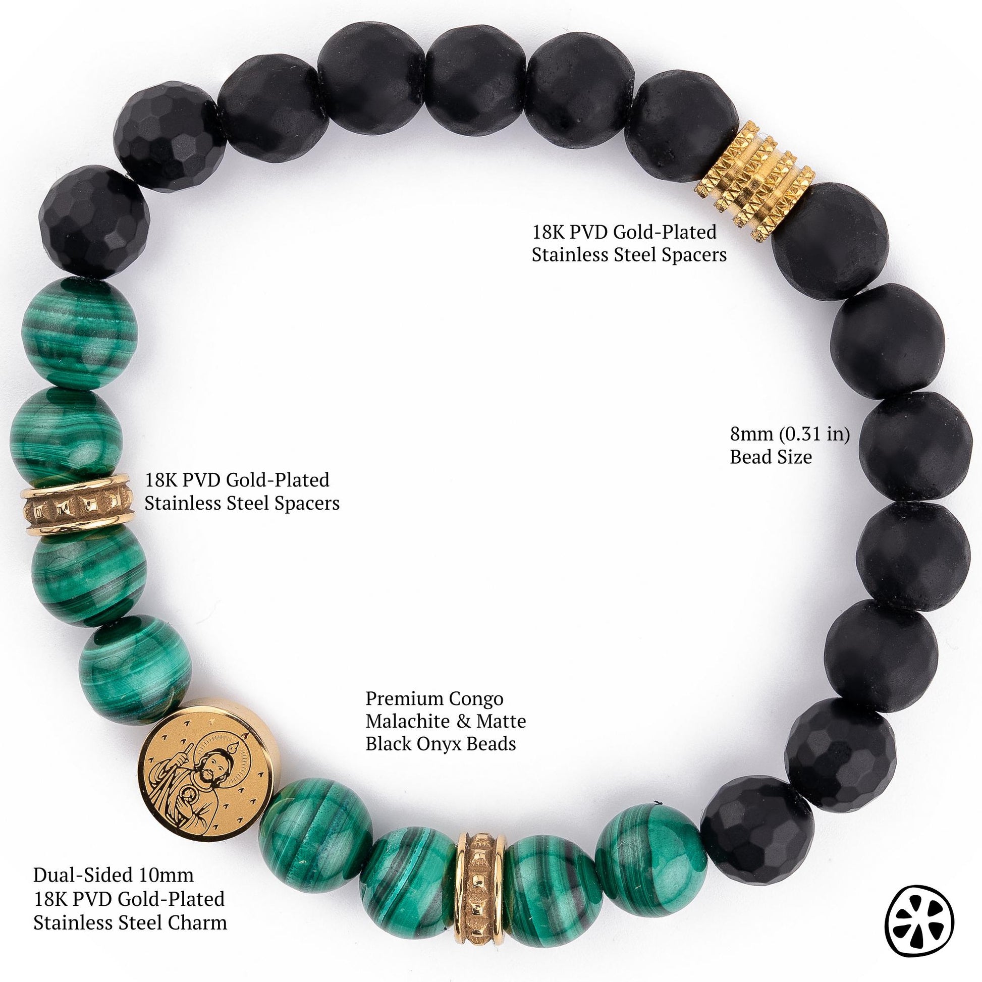 Detail view of men’s St Jude Thaddeus bracelet showing premium Congo malachite and matte black onyx beads in 8mm size. Features 18k PVD gold-plated stainless steel spacers and a dual-sided 10mm St Jude charm. Handmade Catholic faith bracelet designed for durability, everyday wear, and spiritual meaning, symbolizing hope, strength, and protection.