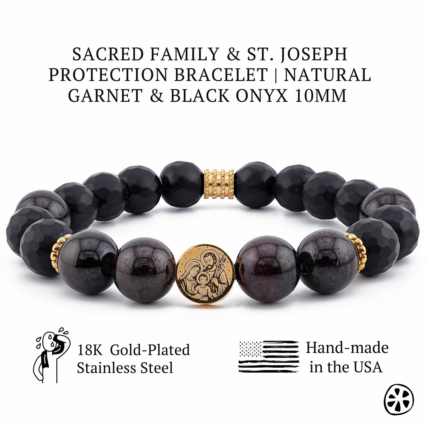 Sacred Family and St Joseph protection bracelet for men, handmade in the USA with natural garnet and black onyx 10mm beads. Catholic faith jewelry featuring an 18k gold plated stainless steel Sacred Family medal, durable elastic cord, and elegant gold spacers. Men’s religious bracelet symbolizing protection, strength, devotion, and family faith. Perfect Catholic gift for him, husband, father, or spiritual jewelry lover. JuicyLemonStore