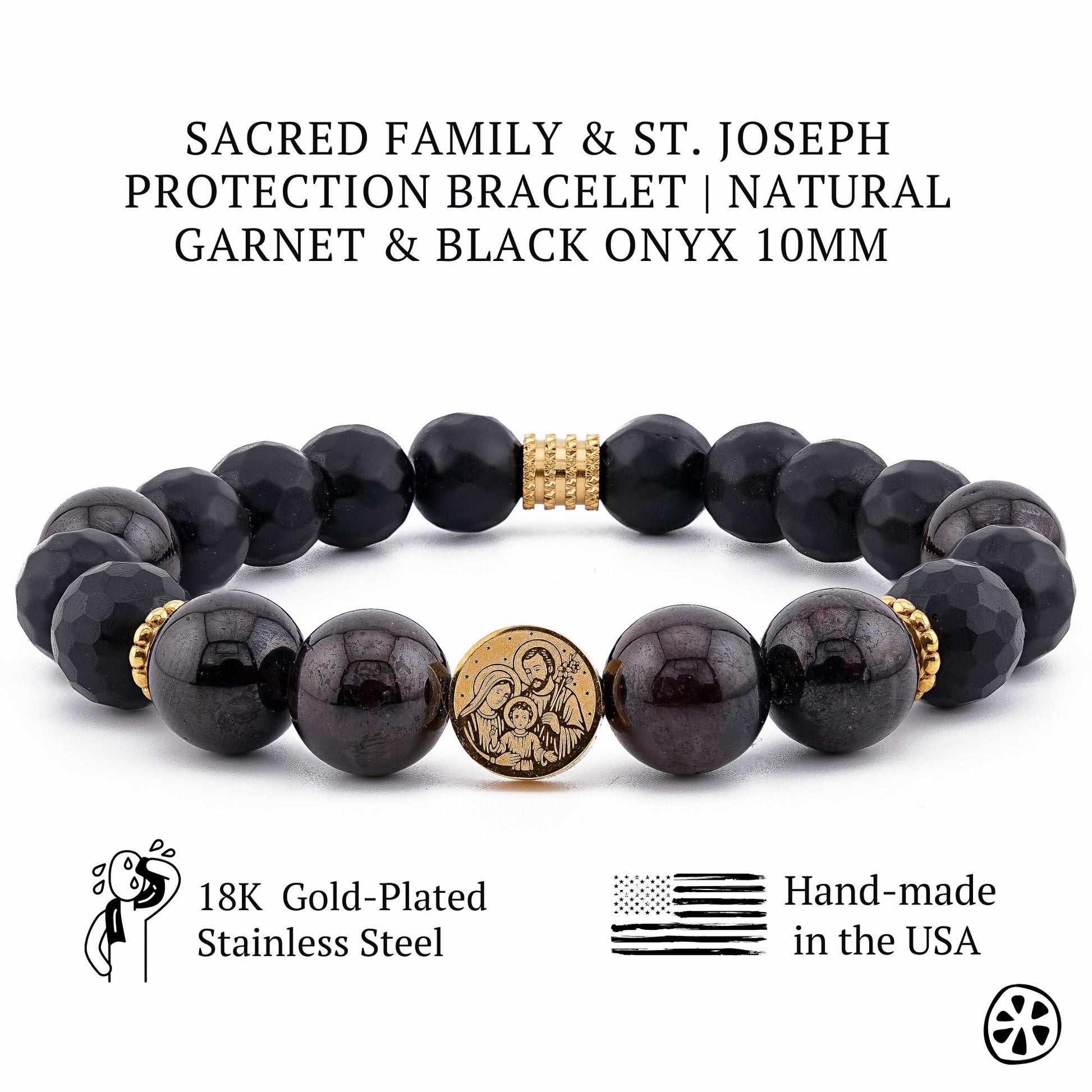 Sacred Family and St Joseph protection bracelet for men, handmade in the USA with natural garnet and black onyx 10mm beads. Catholic faith jewelry featuring an 18k gold plated stainless steel Sacred Family medal, durable elastic cord, and elegant gold spacers. Men’s religious bracelet symbolizing protection, strength, devotion, and family faith. Perfect Catholic gift for him, husband, father, or spiritual jewelry lover. JuicyLemonStore