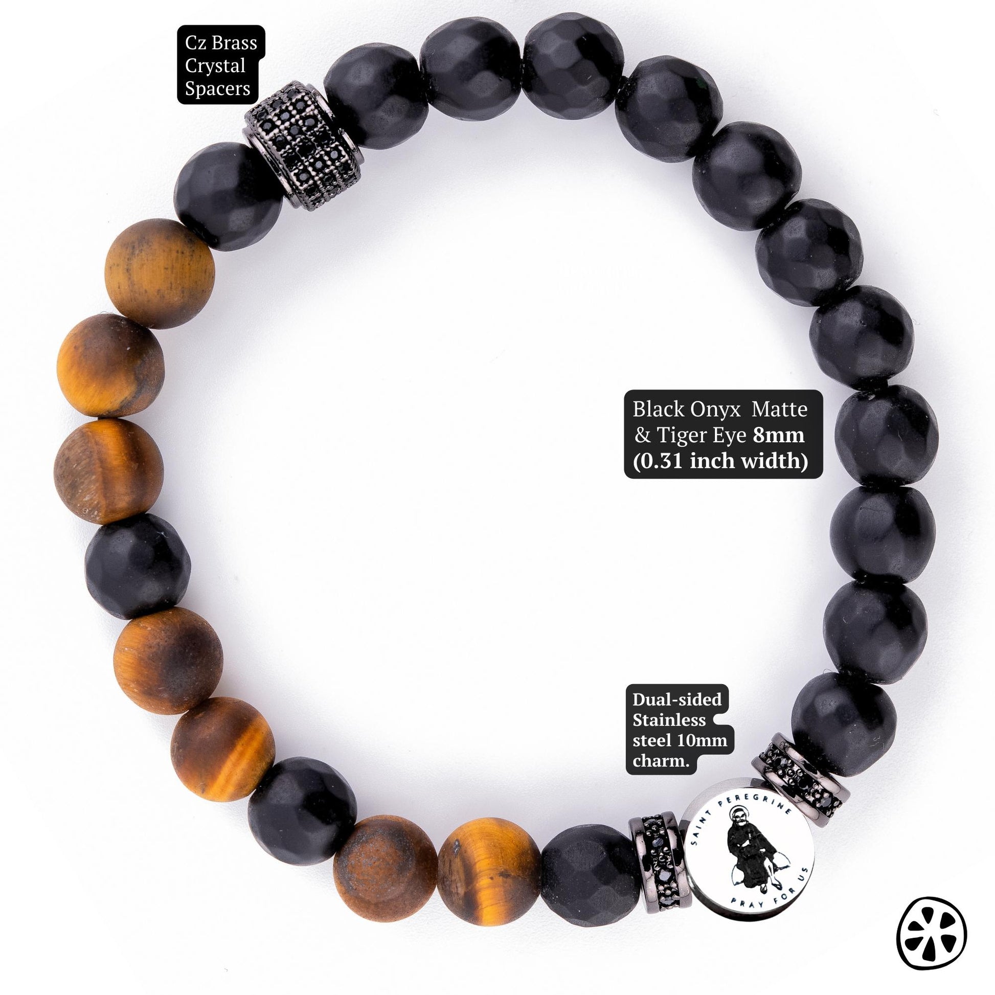 St Peregrine men’s Catholic protection bracelet with matte black onyx and tiger eye 8mm gemstone beads, CZ brass crystal spacers, and a 10mm stainless steel saint medal. St Peregrine is the patron saint of those facing illness and life challenges, prayed to for healing, hope, strength, and perseverance. Handmade in the USA, tarnish free and hypoallergenic religious jewelry for daily wear, prayer, faith, spiritual protection, Catholic devotion, and meaningful gifts for men.