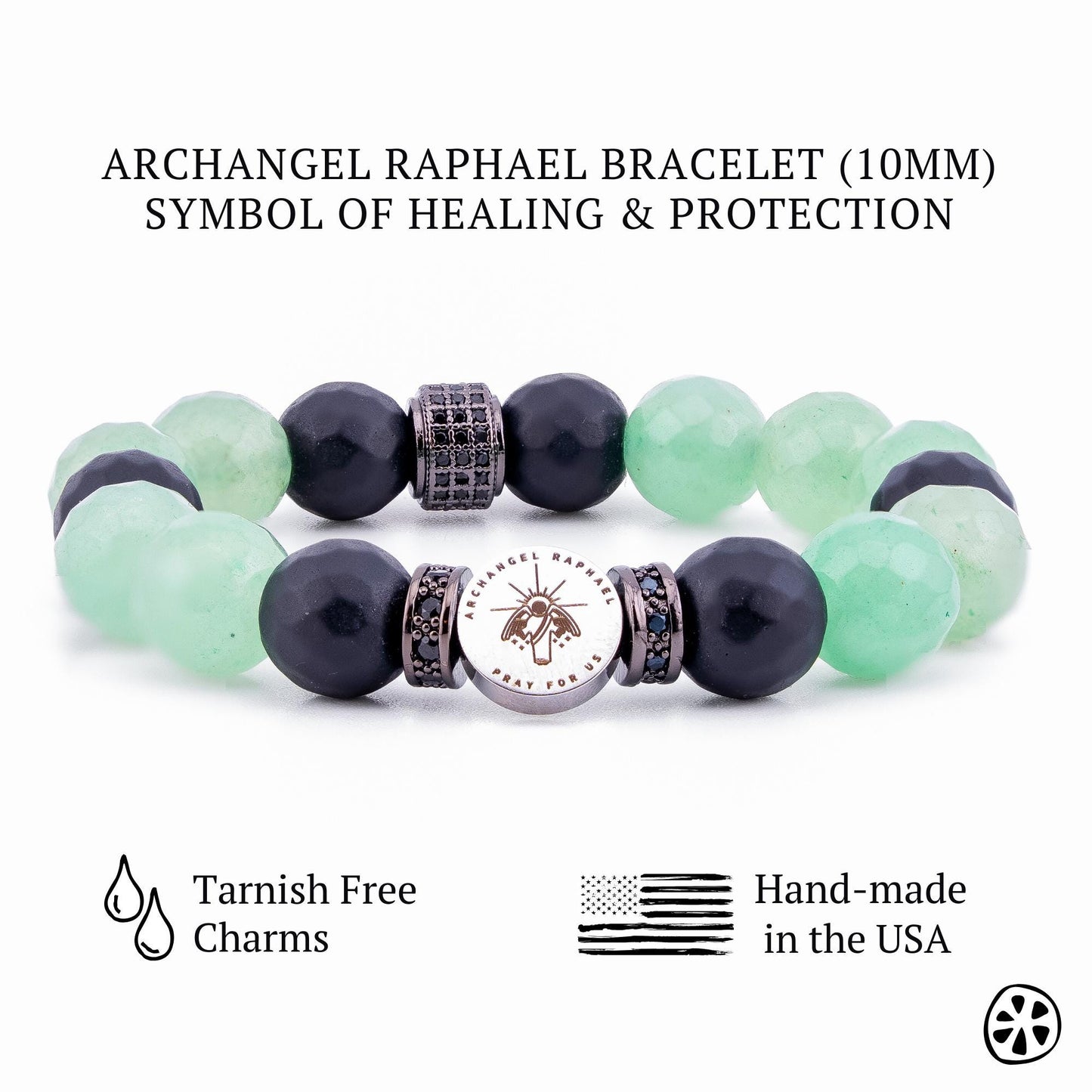 Archangel Raphael bracelet with 10mm natural green gemstone beads and matte black onyx beads, accented with black CZ spacers. Features a tarnish-free stainless steel Archangel Raphael charm engraved with “Pray for Us.” Handmade elastic stretch bracelet designed for comfortable everyday wear. Faith-inspired Catholic devotional jewelry, handcrafted in the USA, suitable for men or women and meaningful as a religious gift.