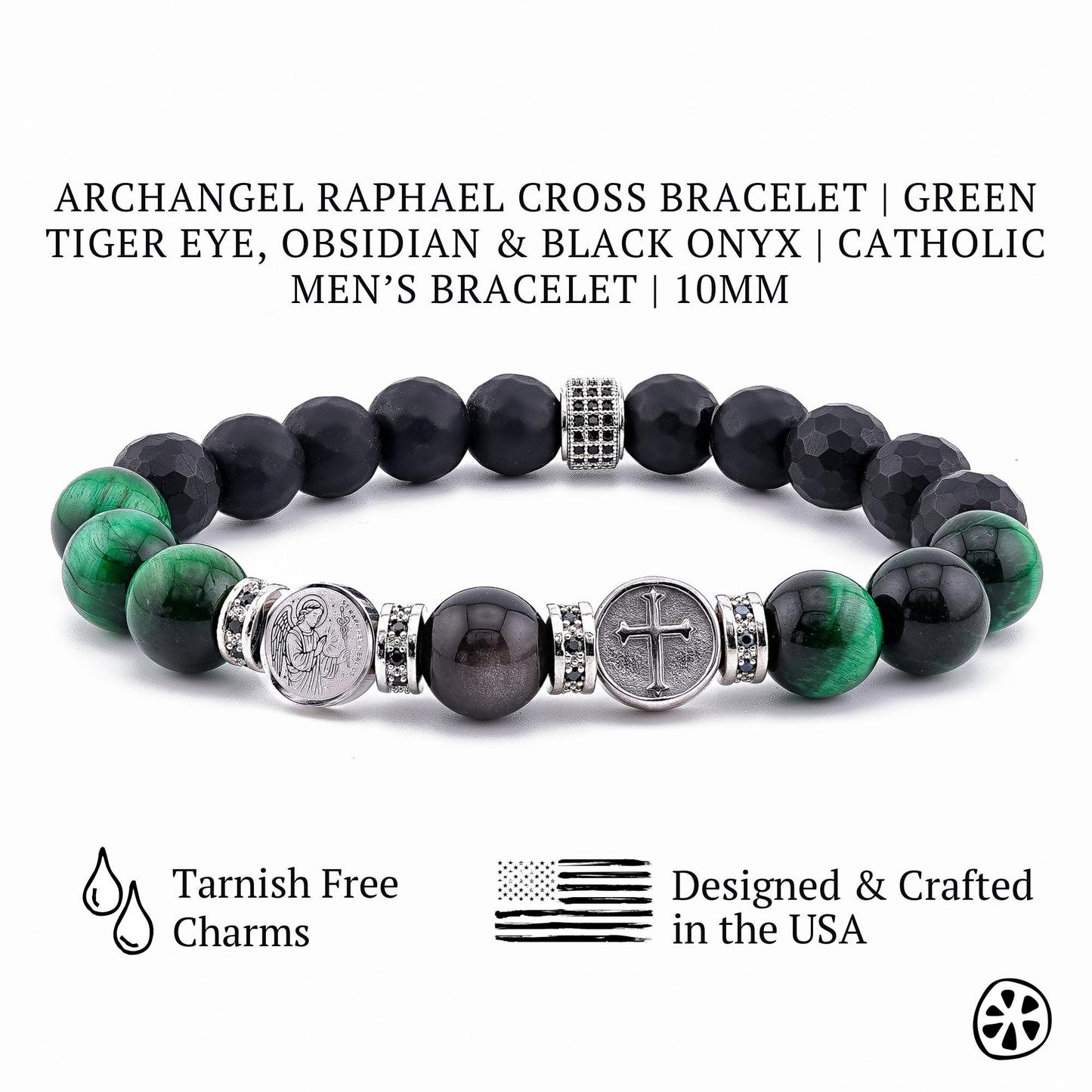 May include: A beaded bracelet featuring green tiger eye, black onyx, and obsidian stones. The bracelet includes a silver-toned cross charm and other decorative elements. The text "ARCHANGEL RAPHAEL CROSS PROTECTION BRACELET" is at the top.